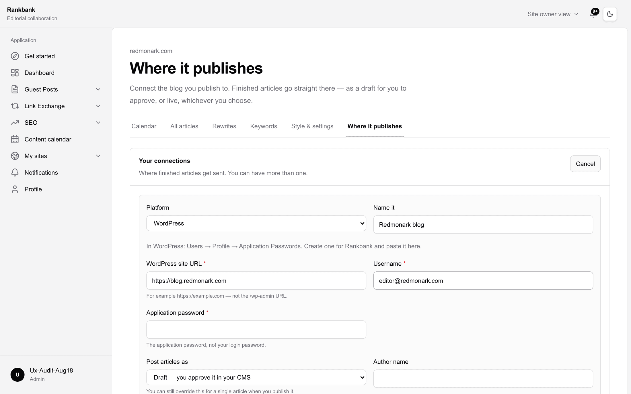 The Where it publishes tab with the connection form open, showing the platform picker, credential fields and the default post status
