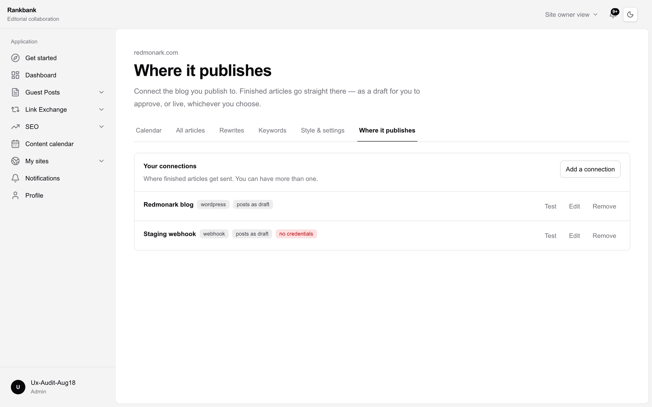 The connections list showing two saved CMS connections with their platform badges and the Test, Edit and Remove actions
