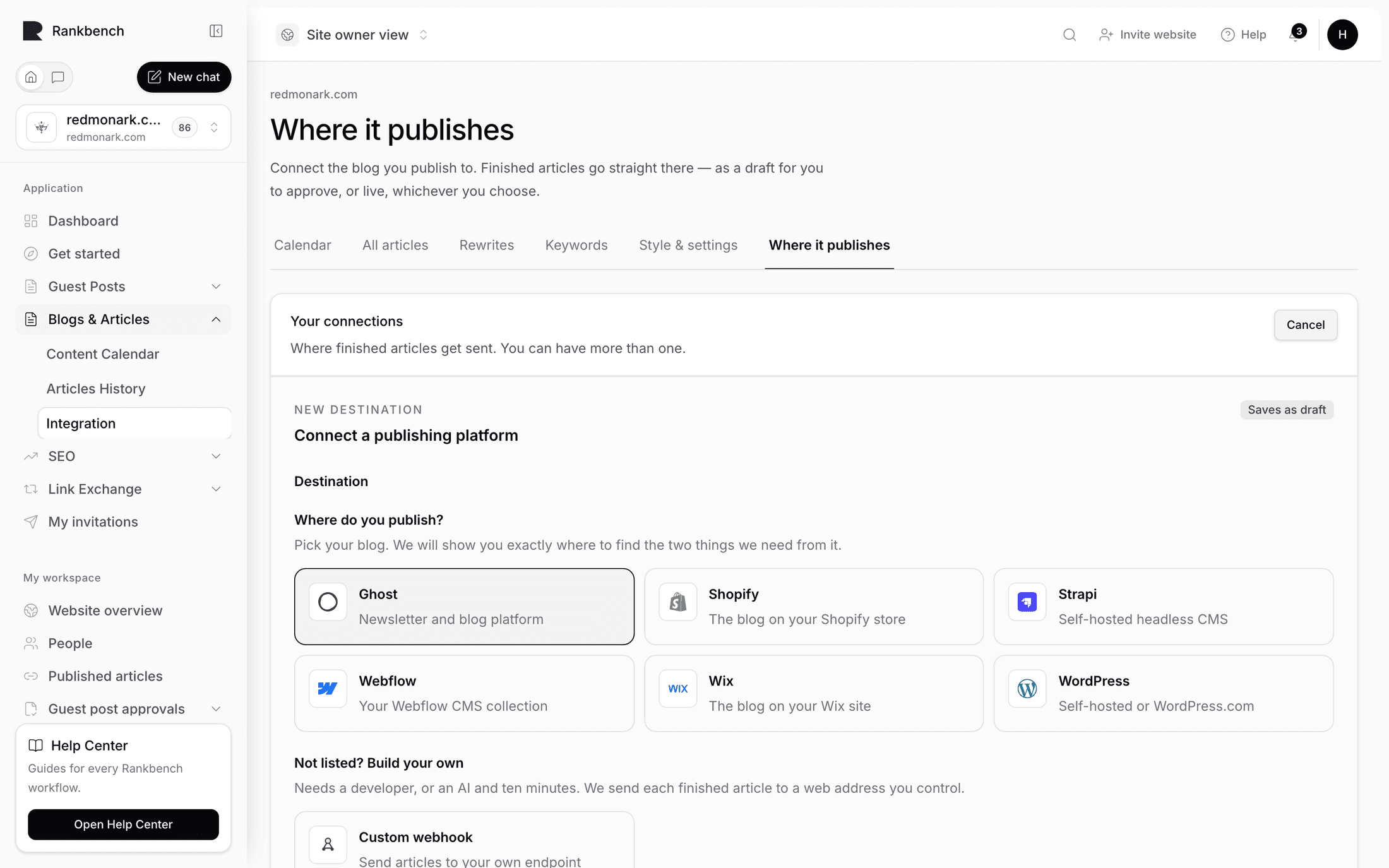 The platform picker with the supported blogs