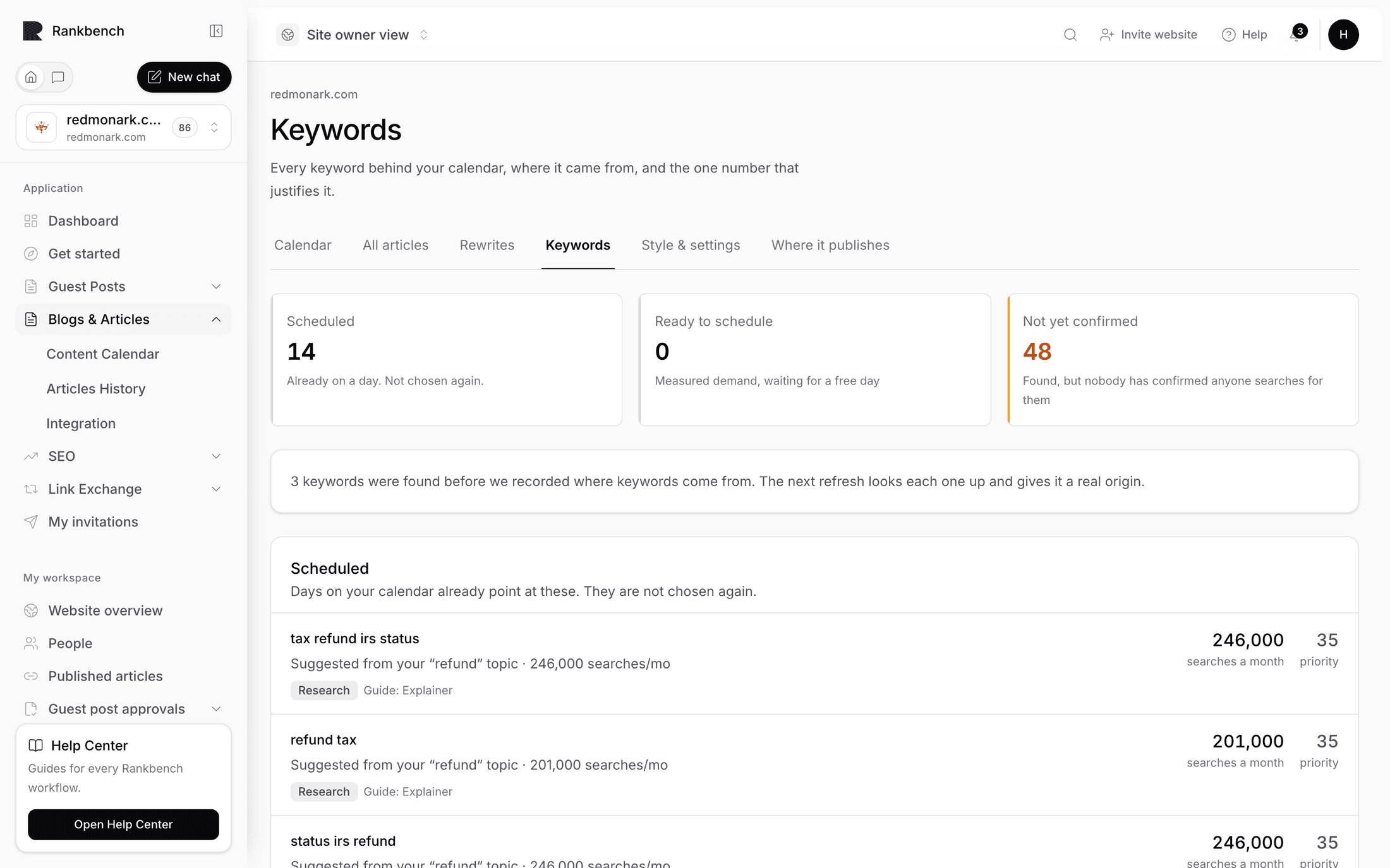 The keywords page with its three bands and their counts