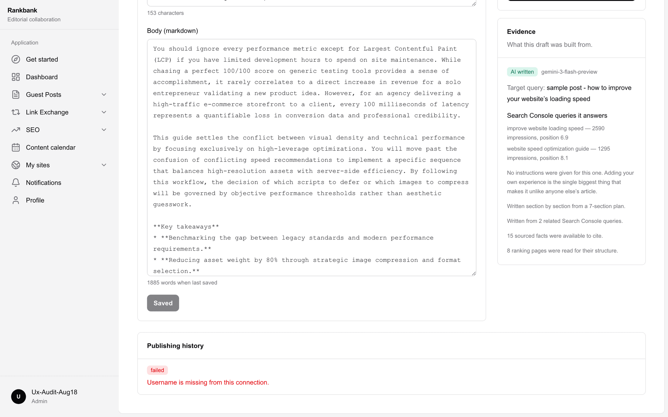 An entry page showing its publishing history with a failed attempt and the error message the platform returned, in red