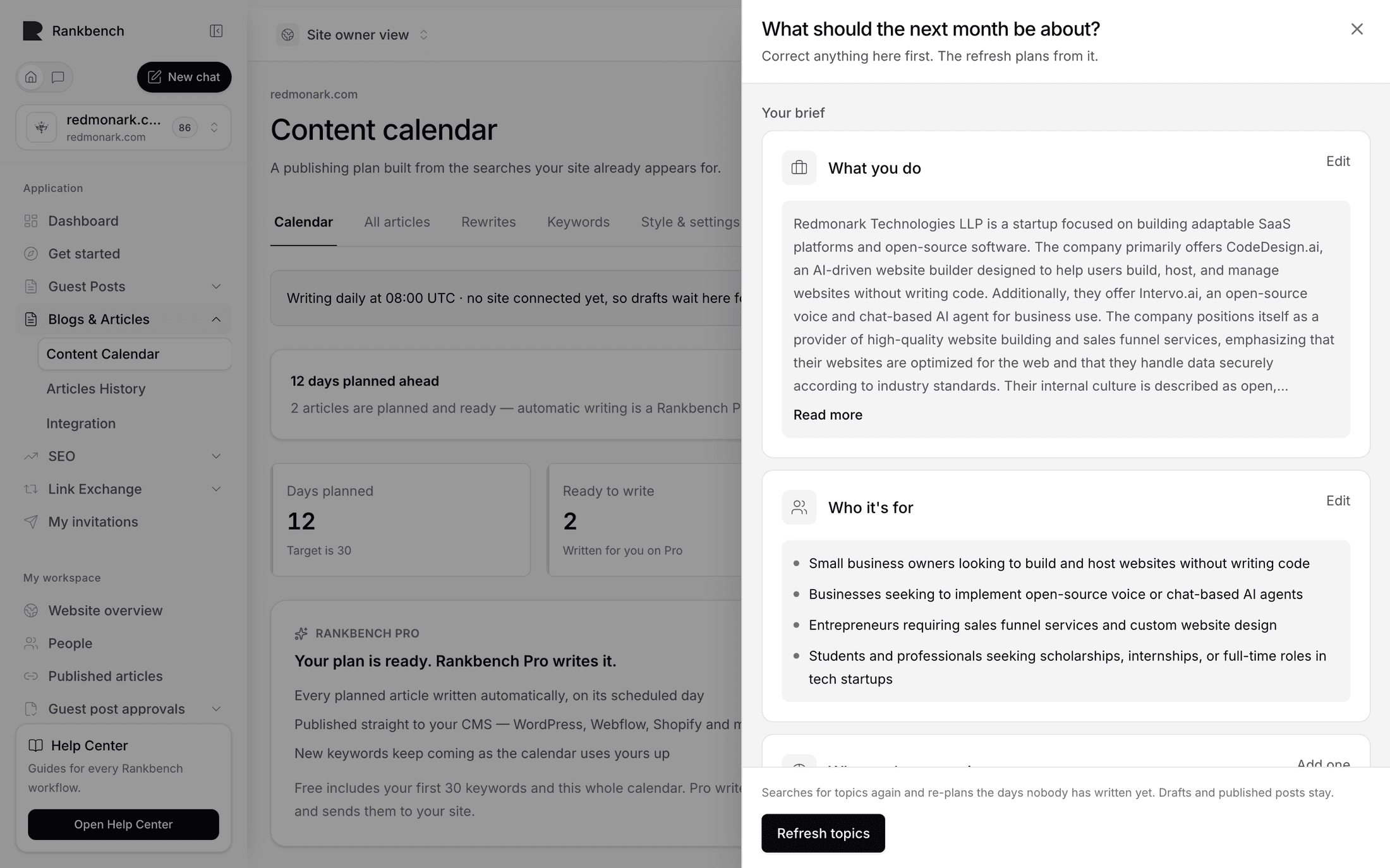 The refresh sheet with the brief, a reference blog and a typed topic