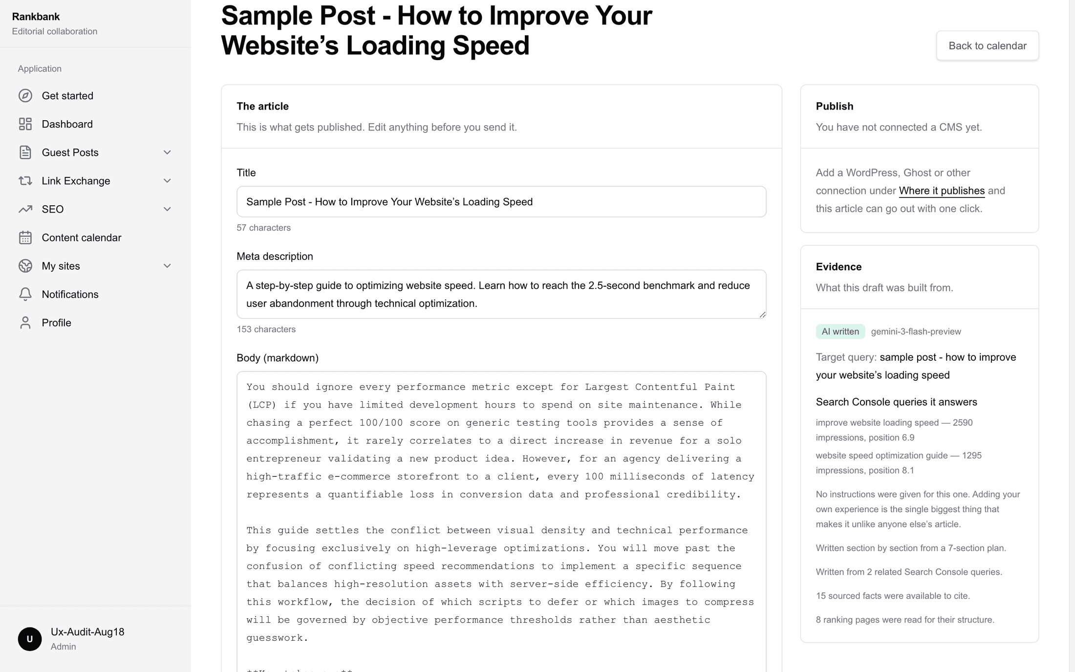 The article entry page with the markdown editor on the left and the publish and evidence panels on the right