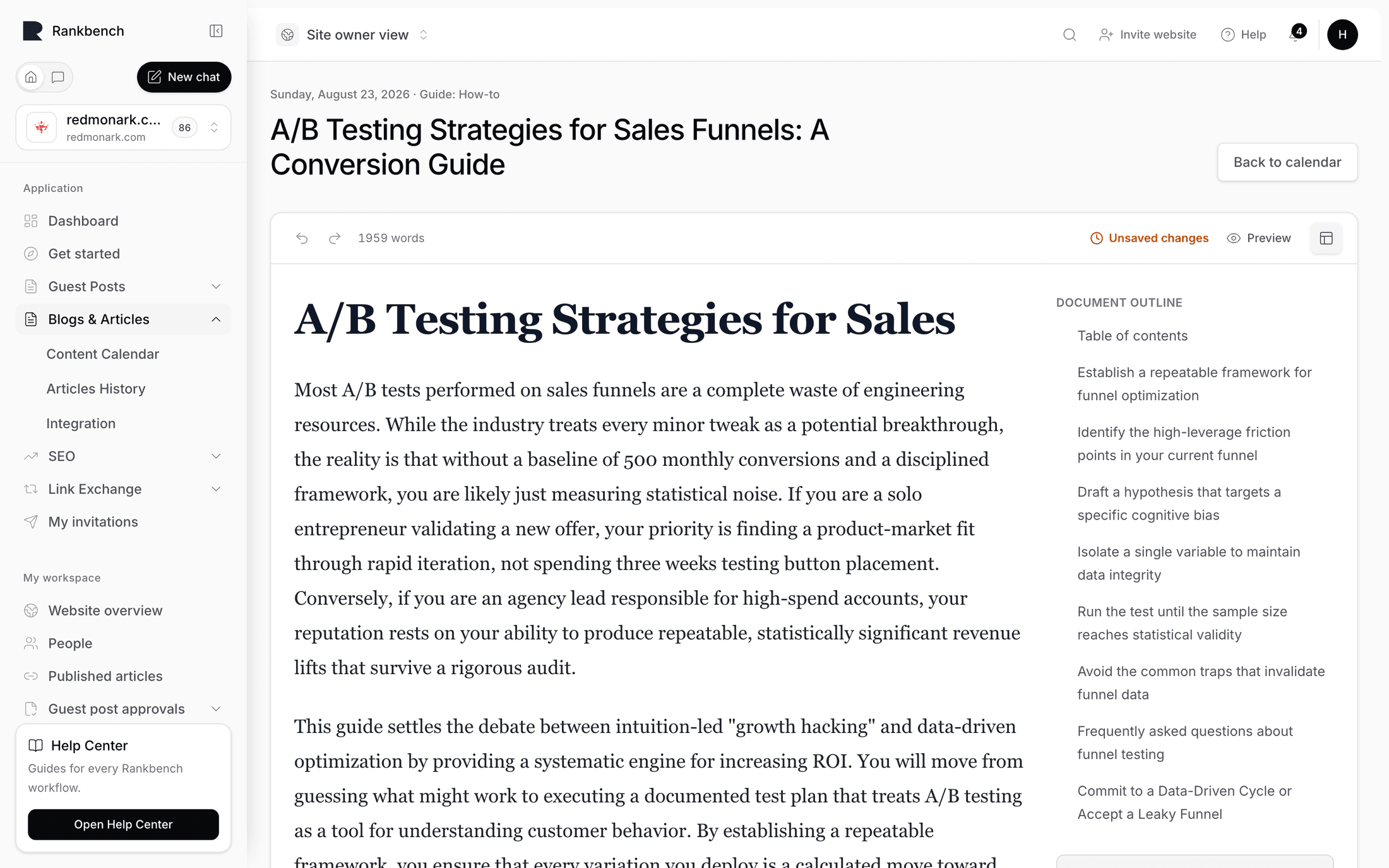 The day page with the article, its outline and the publish controls