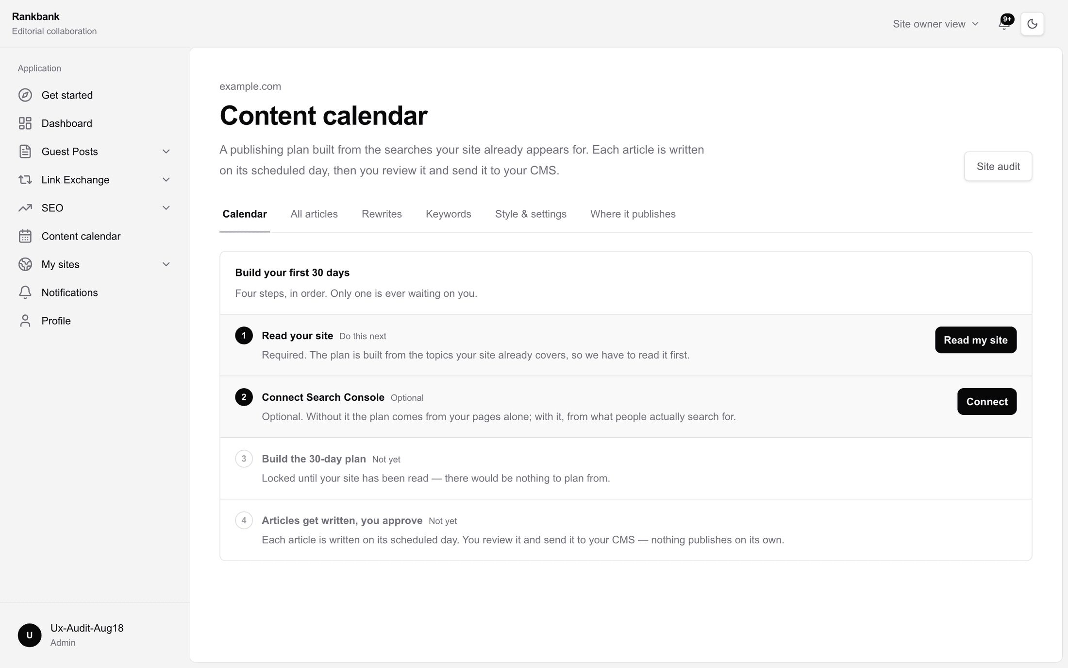 The empty content calendar showing a four-stage checklist, with the site-reading stage complete and the build stage active