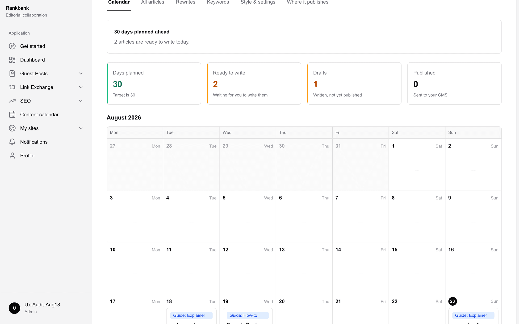 The content calendar after a successful build, with four stat tiles above a populated month grid