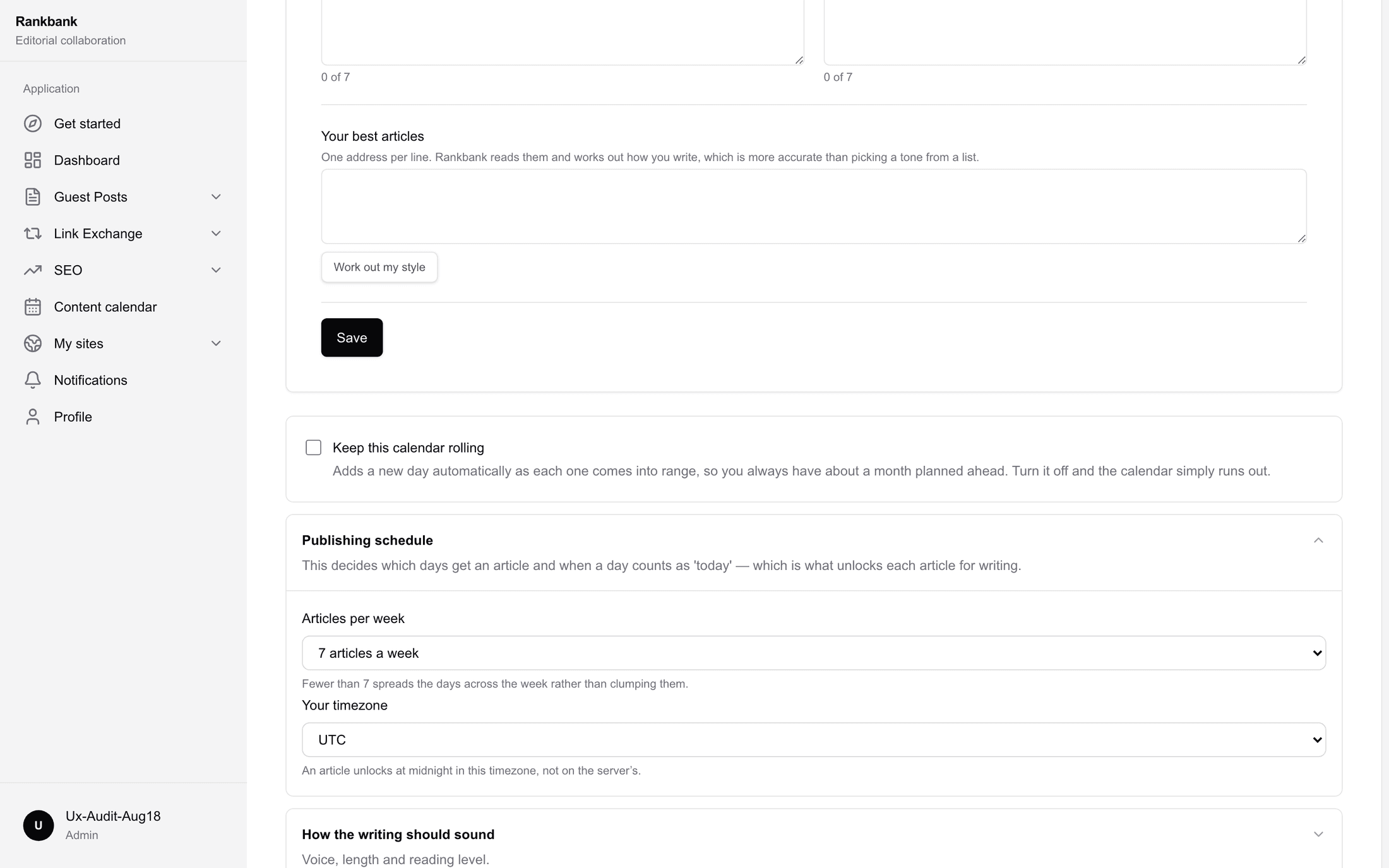 The Style and settings page with the publishing schedule section open, showing articles per week and timezone