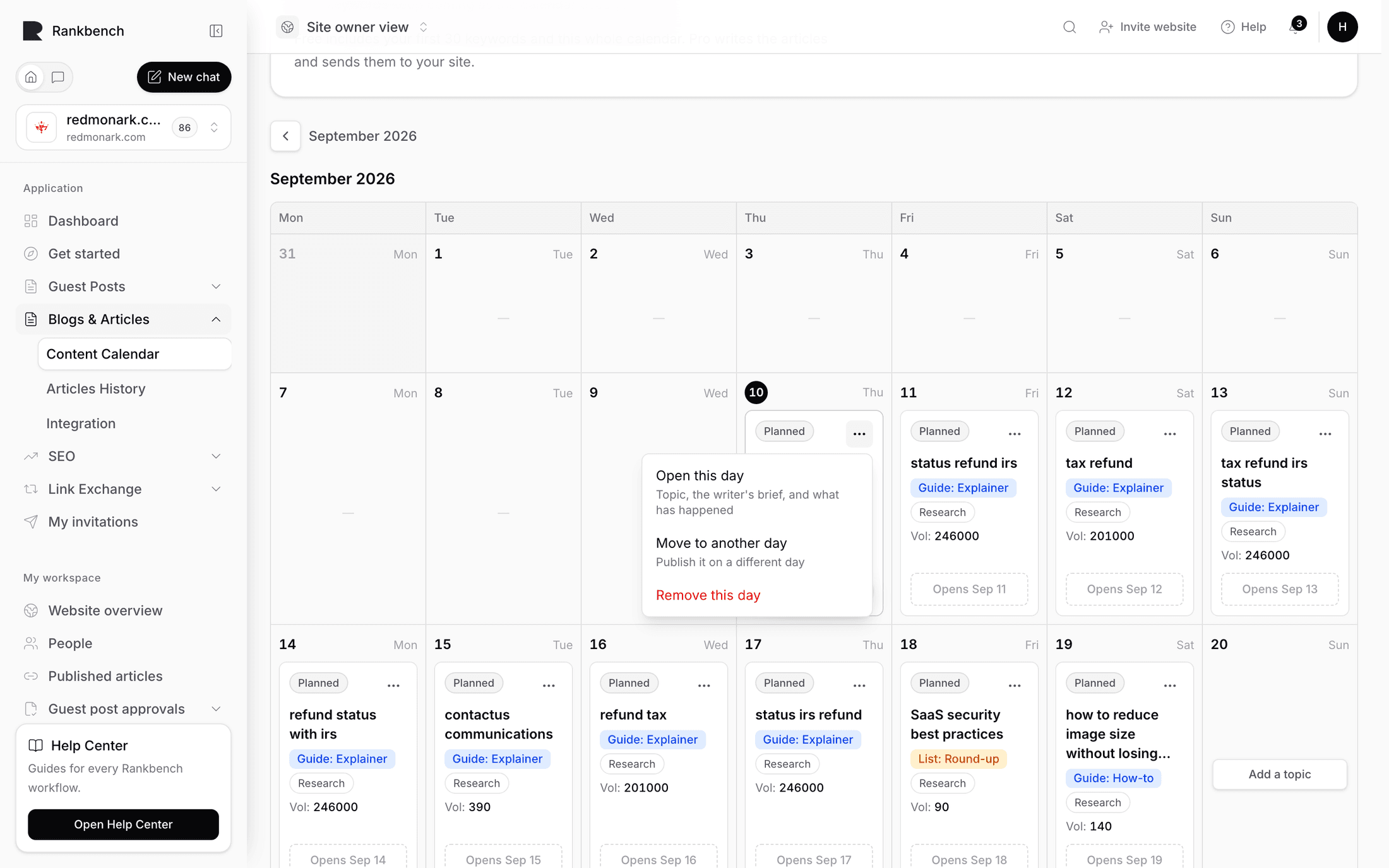 The day menu open on a planned day