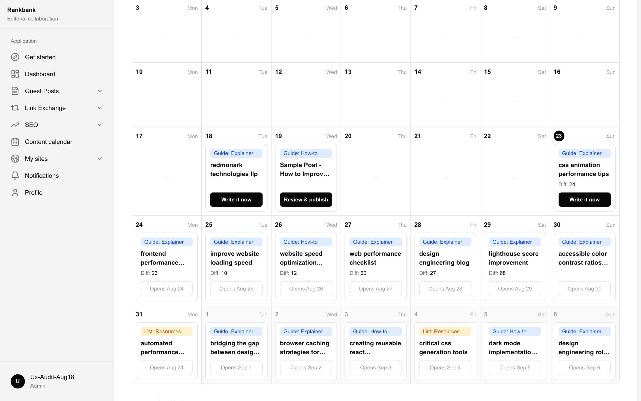 A month of the calendar with cells in different states, showing future days, a day ready to write, a draft awaiting review and a published post