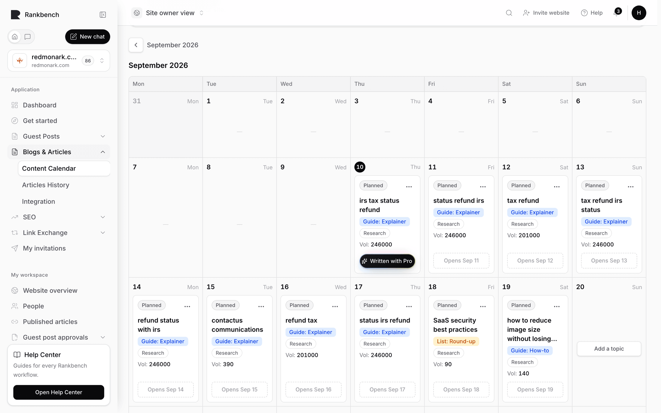 The month grid with days in several states