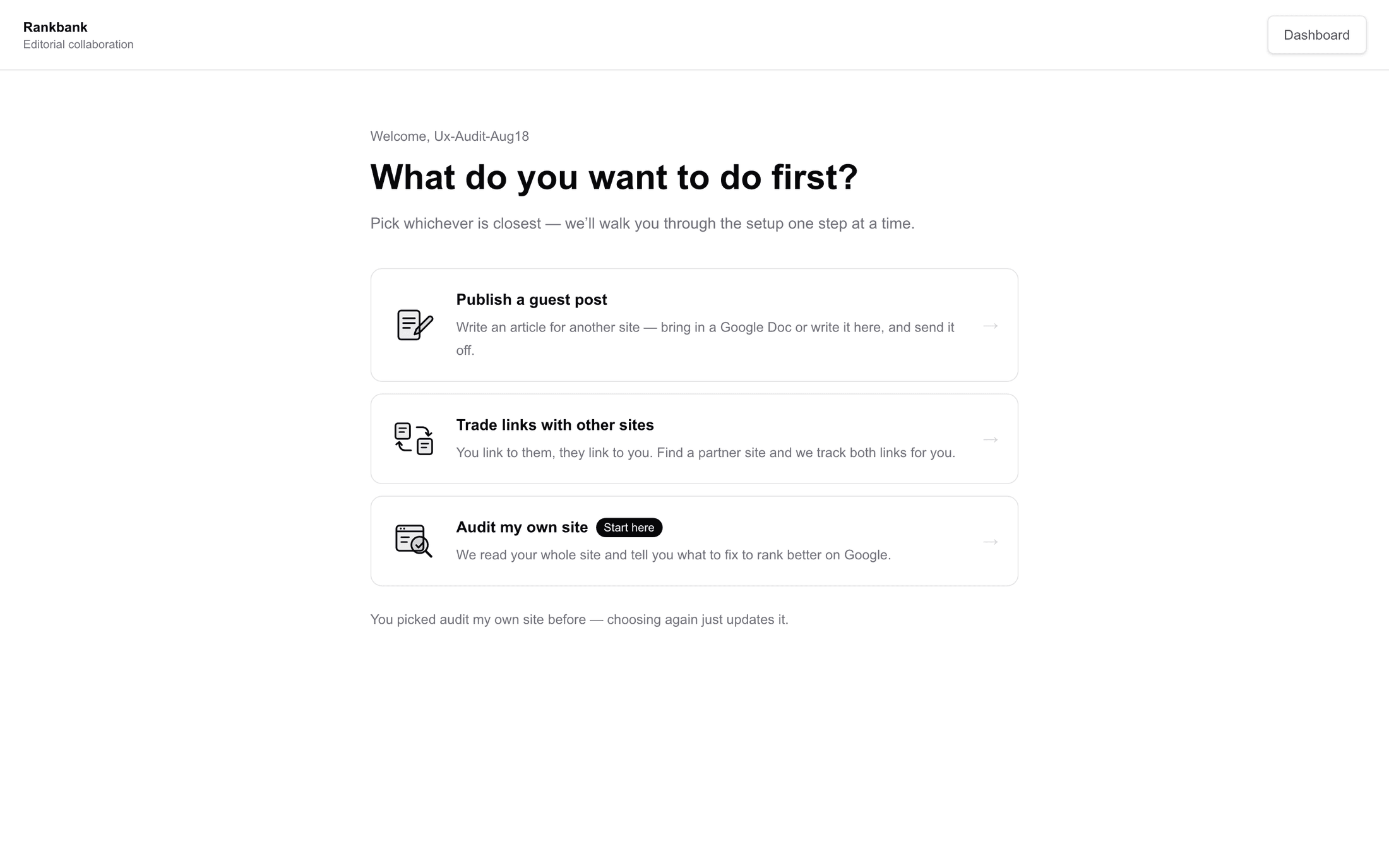 The Get started screen asking "What do you want to do first?" with three intent cards