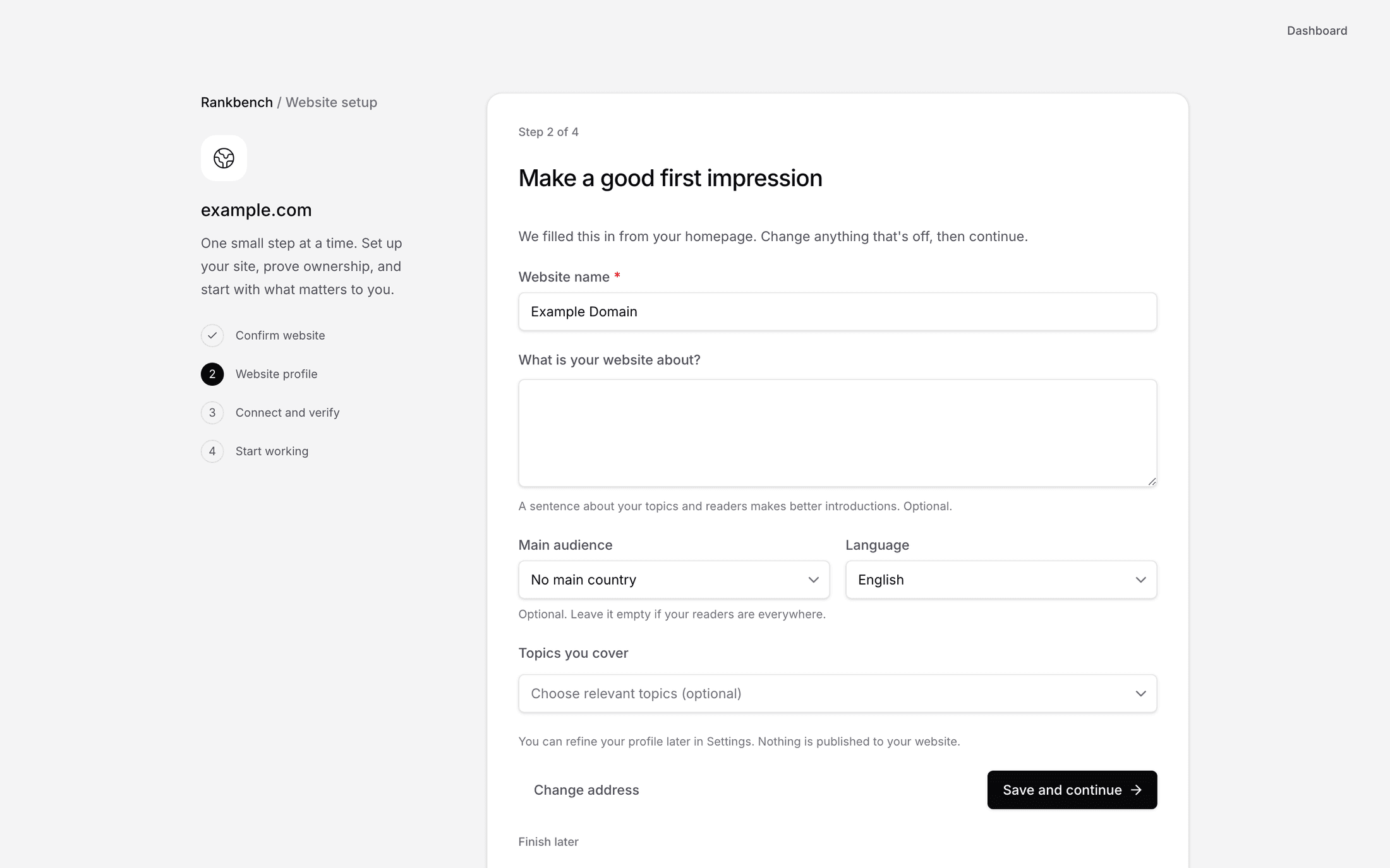 A website's profile: the name, description, audience, language and topics read from the homepage