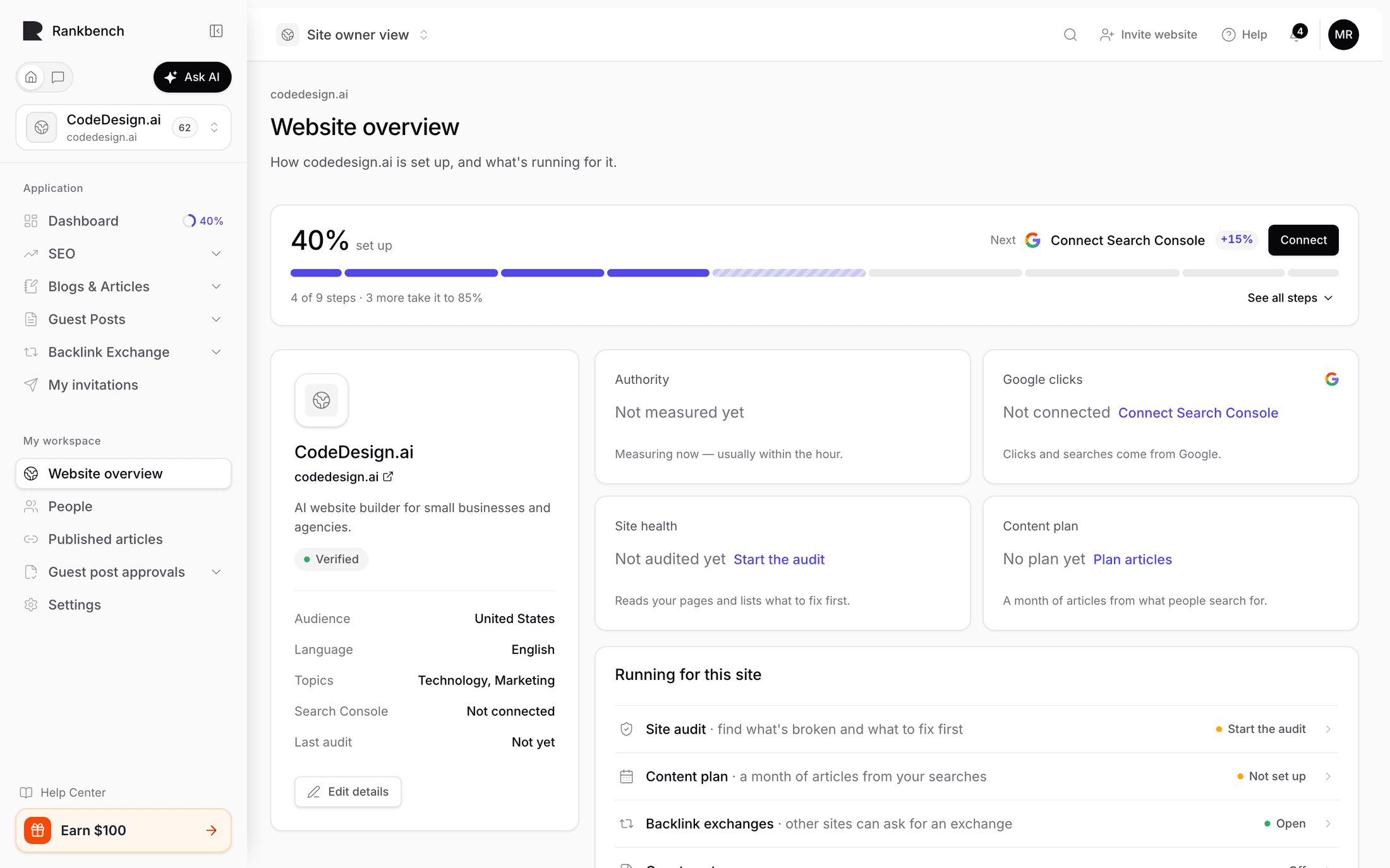 Website overview with the setup card: the percentage, the next step and its button