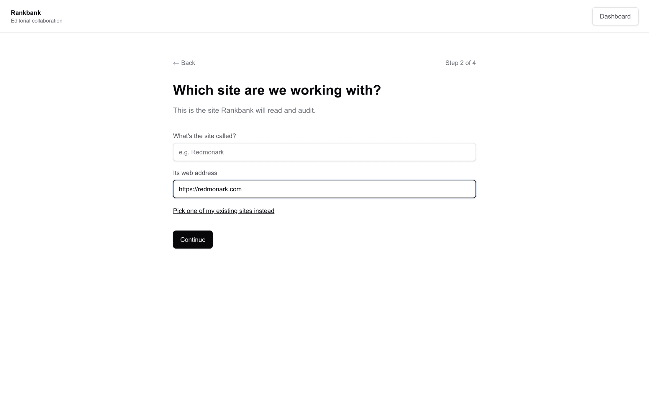 The site step of the walkthrough with the name and web address fields filled in