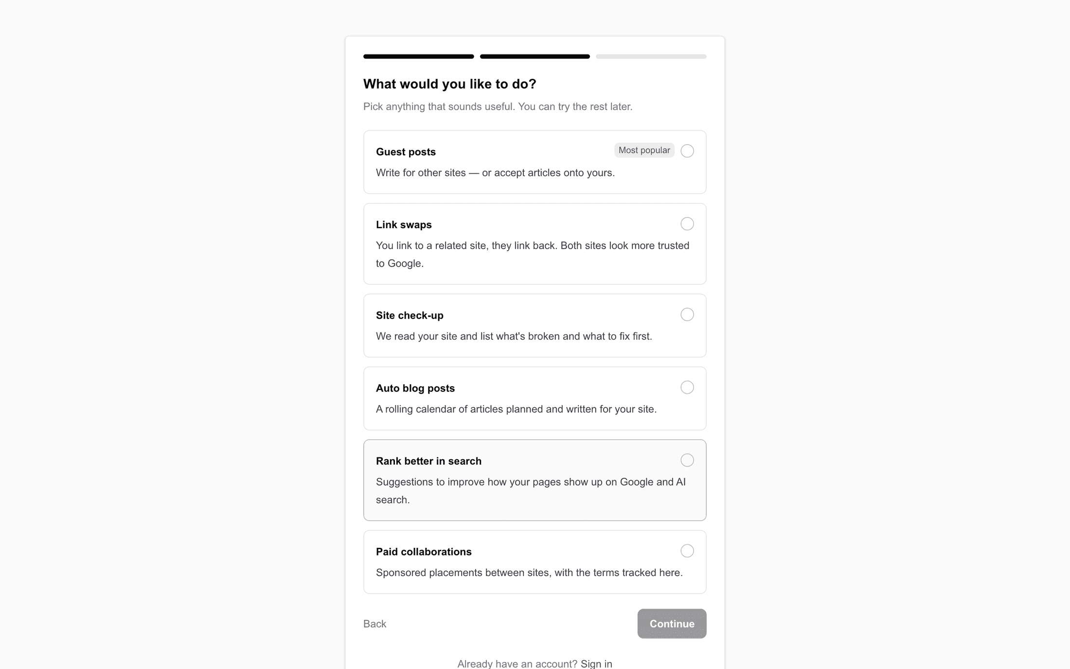 The second register step, "What would you like to do?", with six interest cards and the Most popular badge on Guest posts
