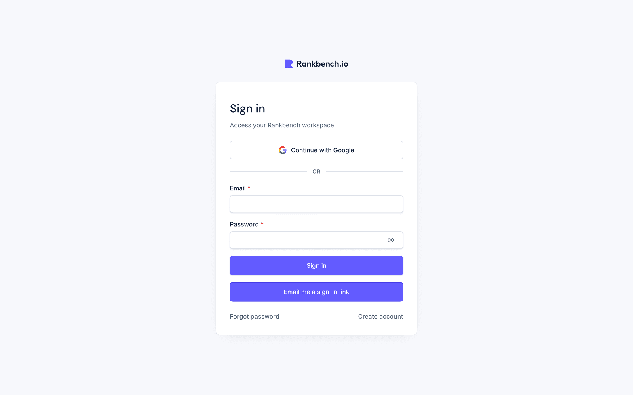 The sign-in page showing Continue with Google, the email and password form, and the sign-in link option