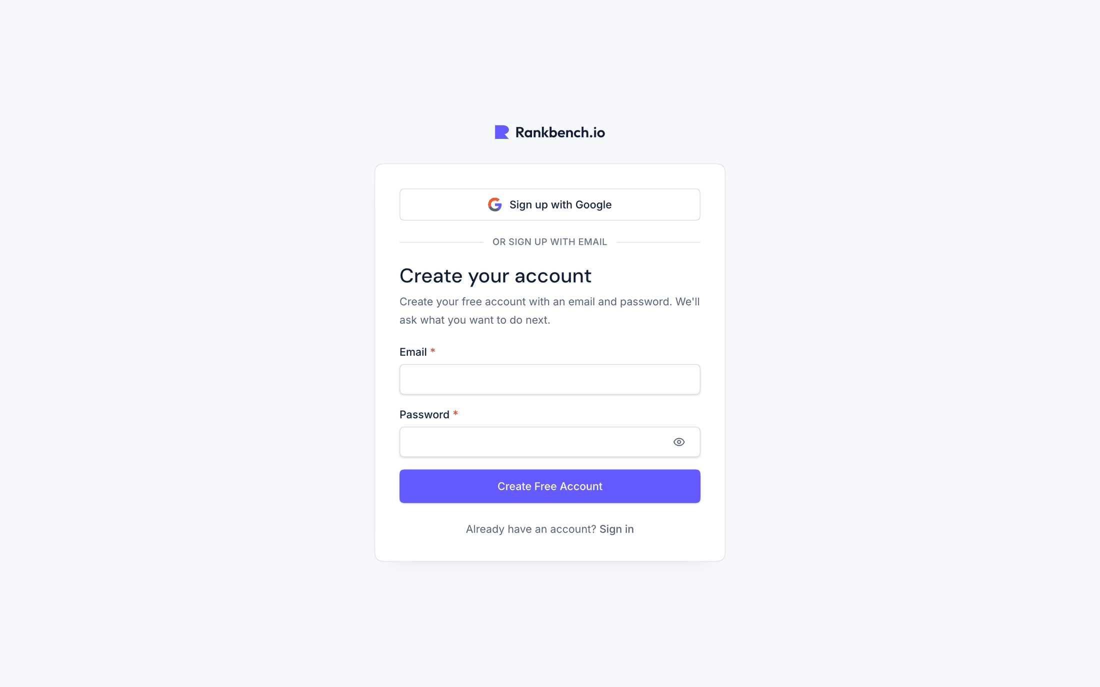 The Rankbench register page with the Google button above an email and password form