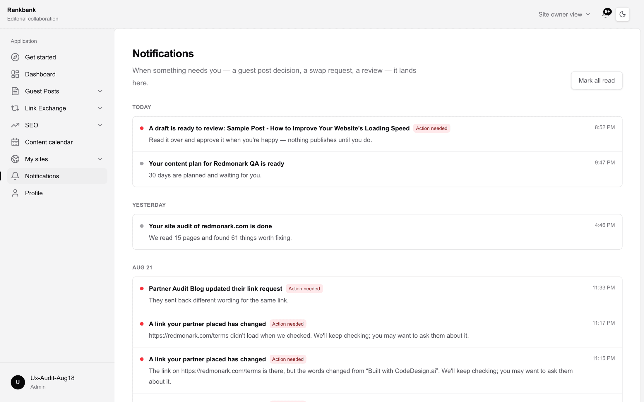 The notifications page with items grouped under Today and Yesterday