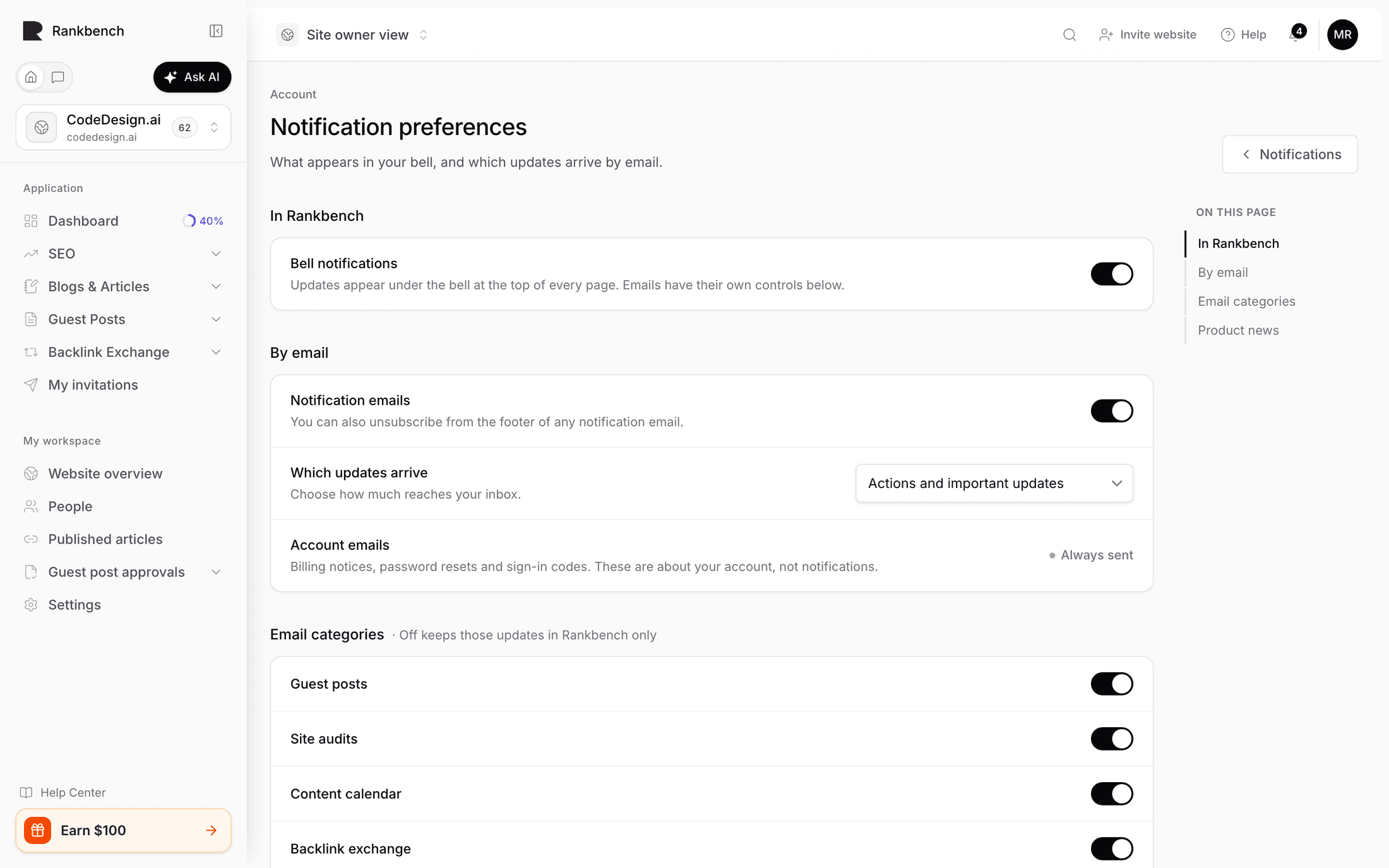 The notification preferences page with the bell and email controls and the category list