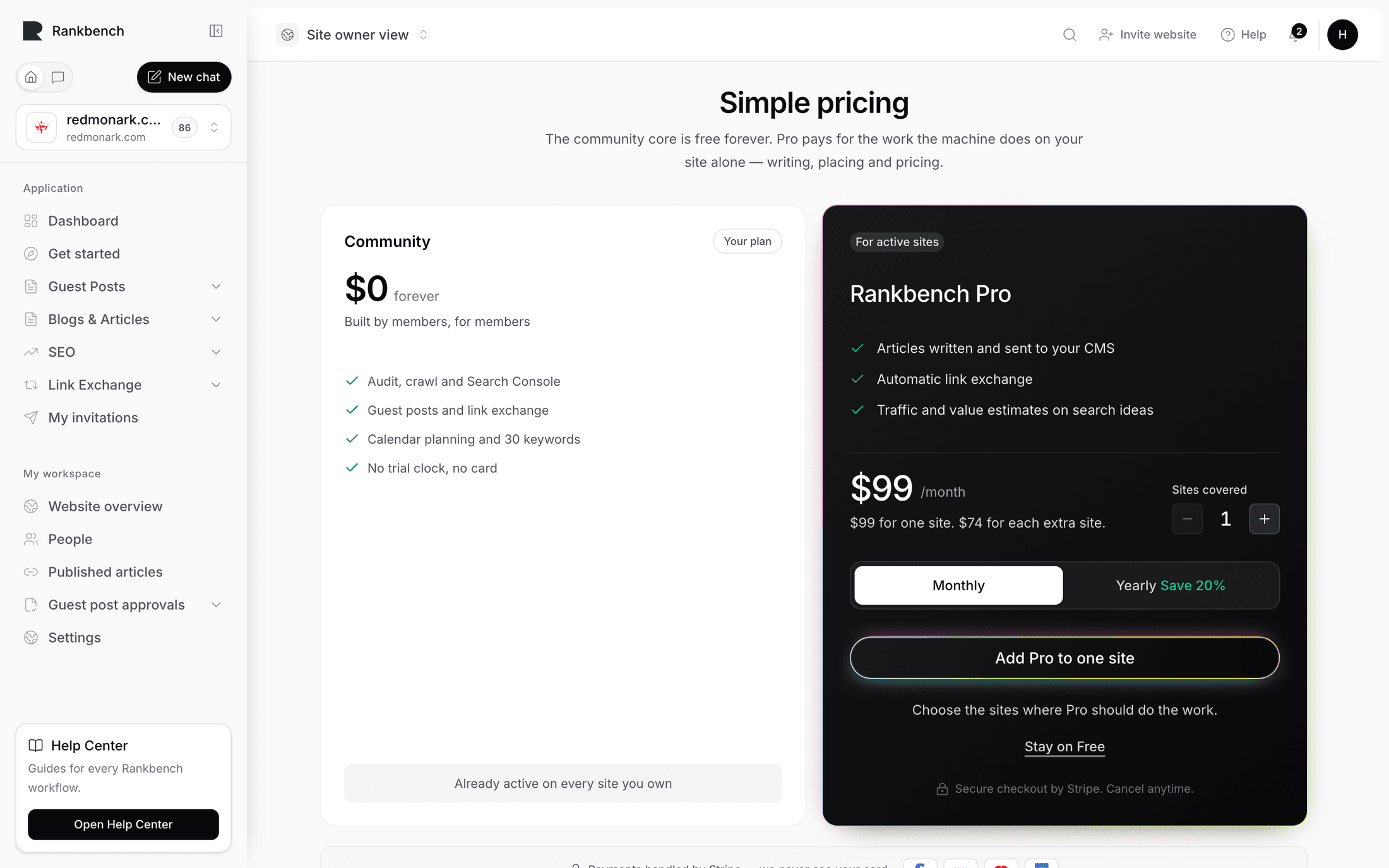 The pricing page showing the Community and Pro columns side by side