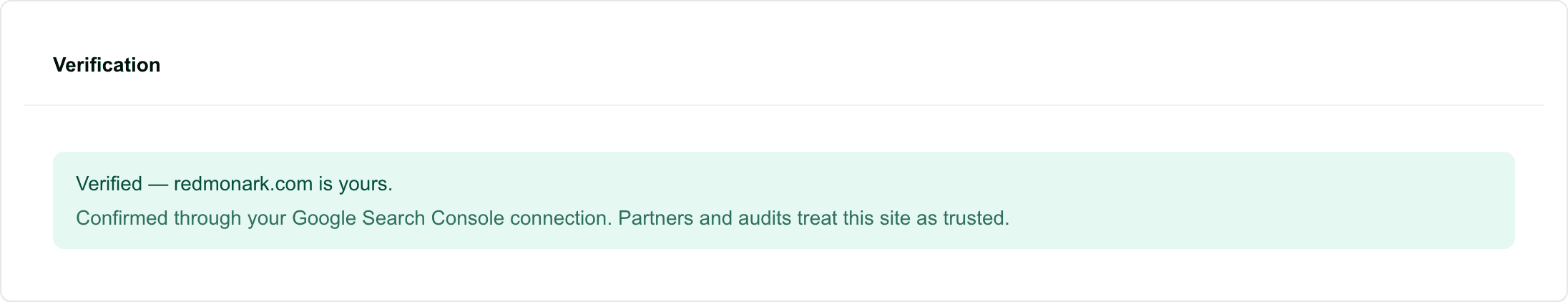 The verification panel in its verified state, showing the green confirmation and the method that passed