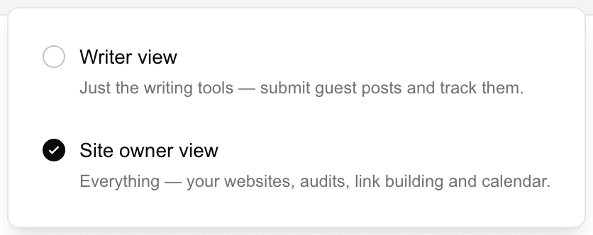 The header view switch open, showing Writer view and Site owner view with their descriptions