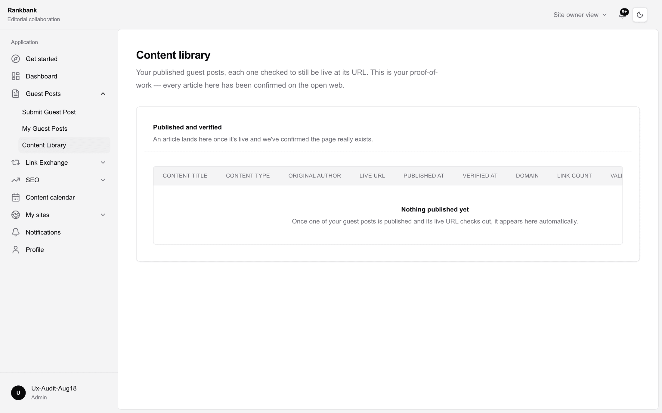 The Content library table and its column headings — content title, content type, original author, live URL, published at, verified at, domain, link count and validation status — above the "Nothing published yet" empty state.