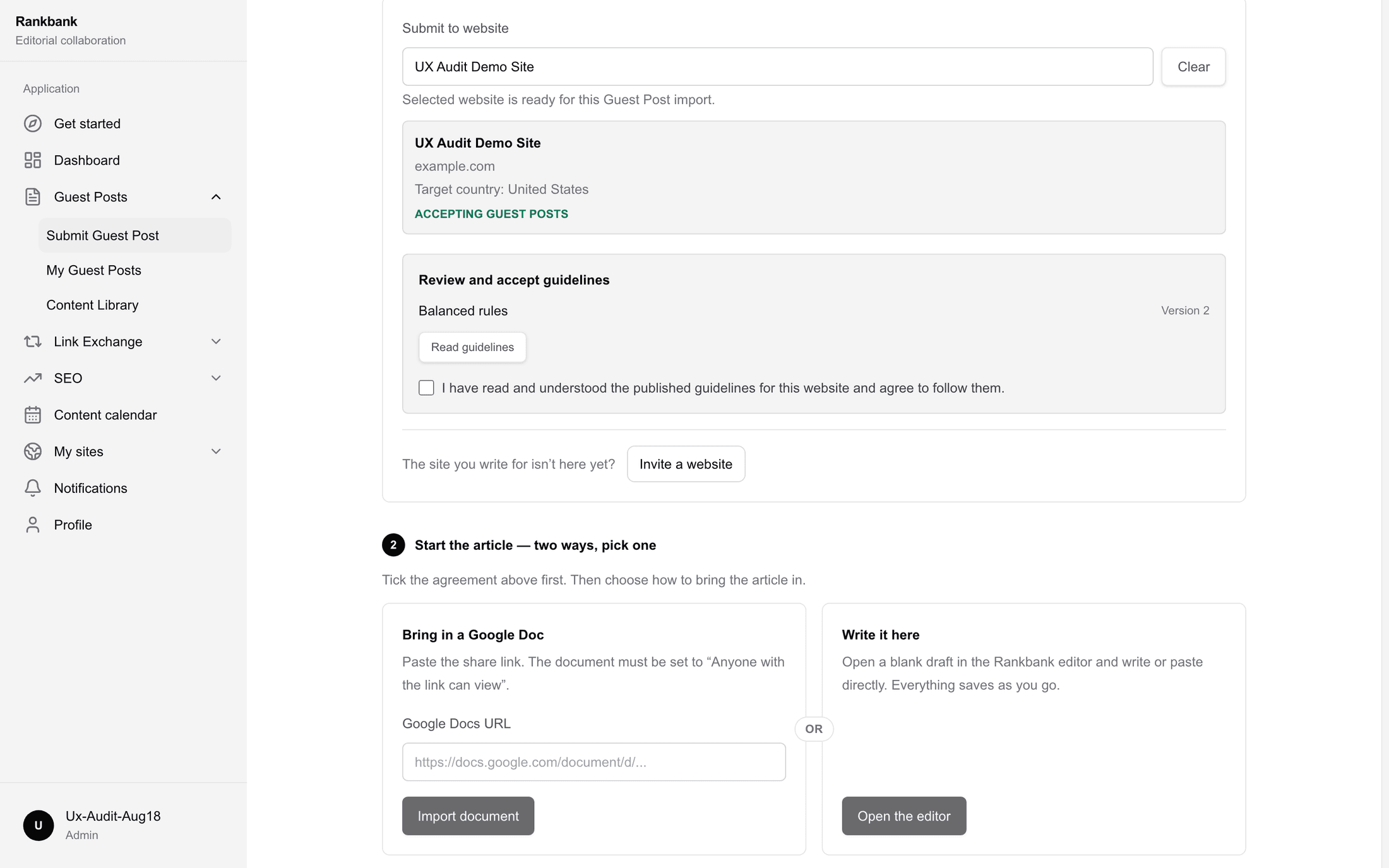 The Bring in a Google Doc panel with a document URL pasted into the Google Docs URL field and the Import document button beneath it.