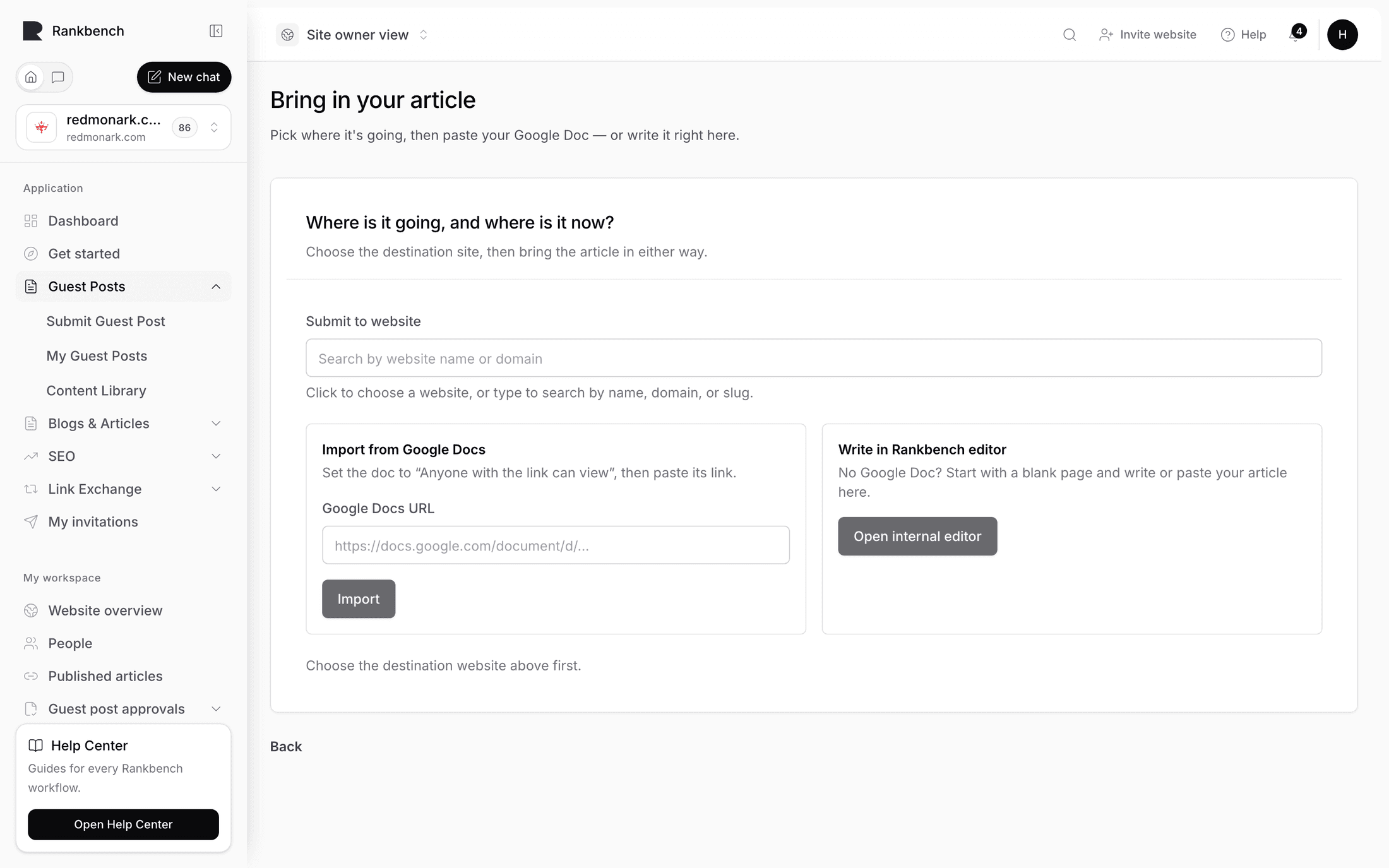 The import screen with the destination and the Google Docs field