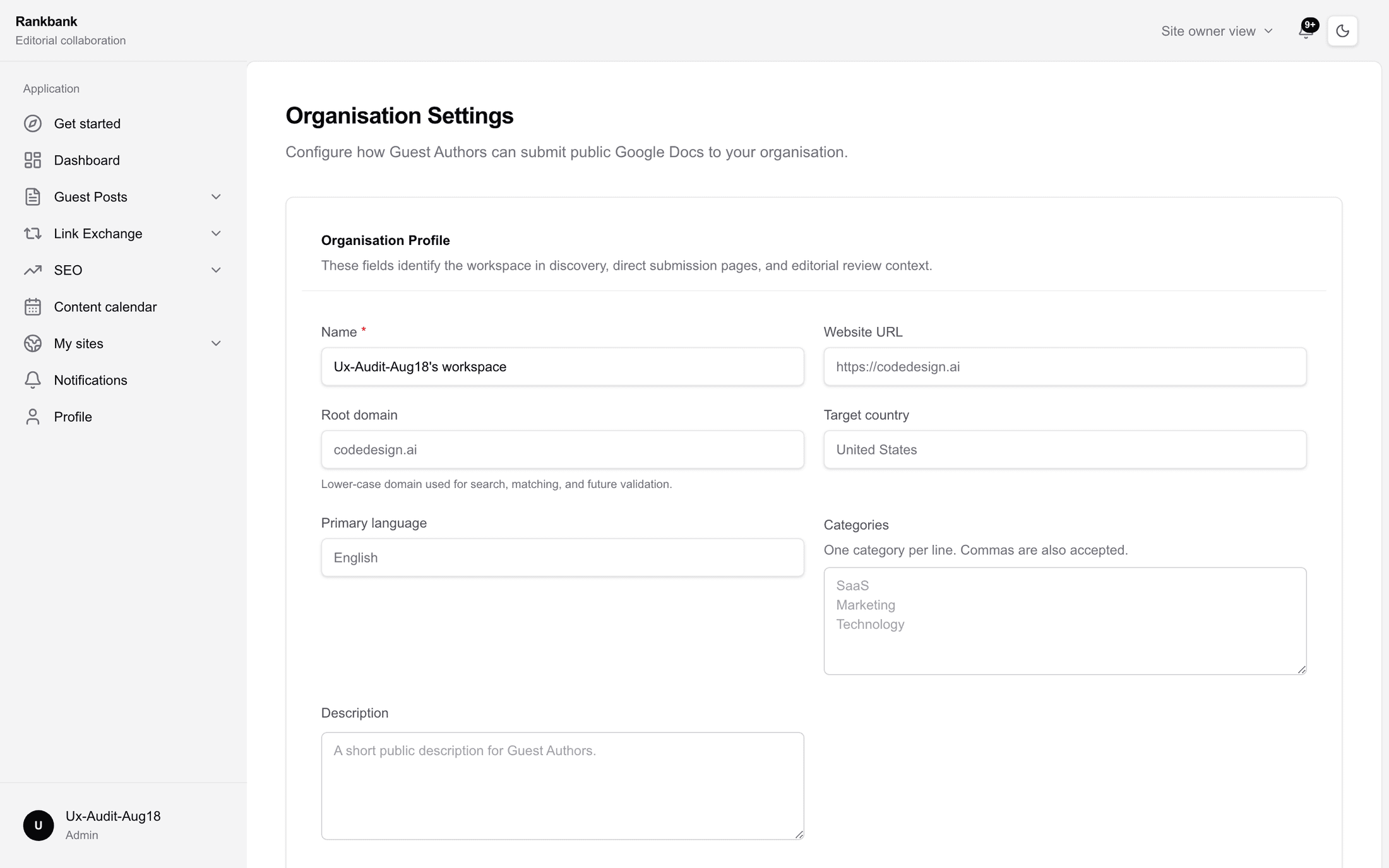 The Organisation Settings page showing the Organisation Profile fields, the Collaboration Access switches, and the Discovery And Submission section.