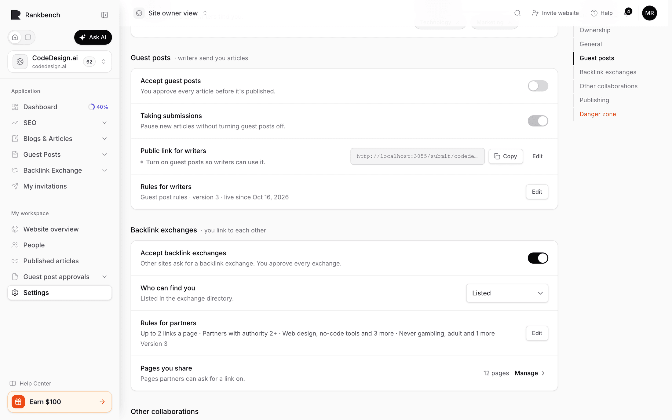 The Guest posts section of a site's Settings: Accept guest posts, Taking submissions, Public link for writers and Rules for writers
