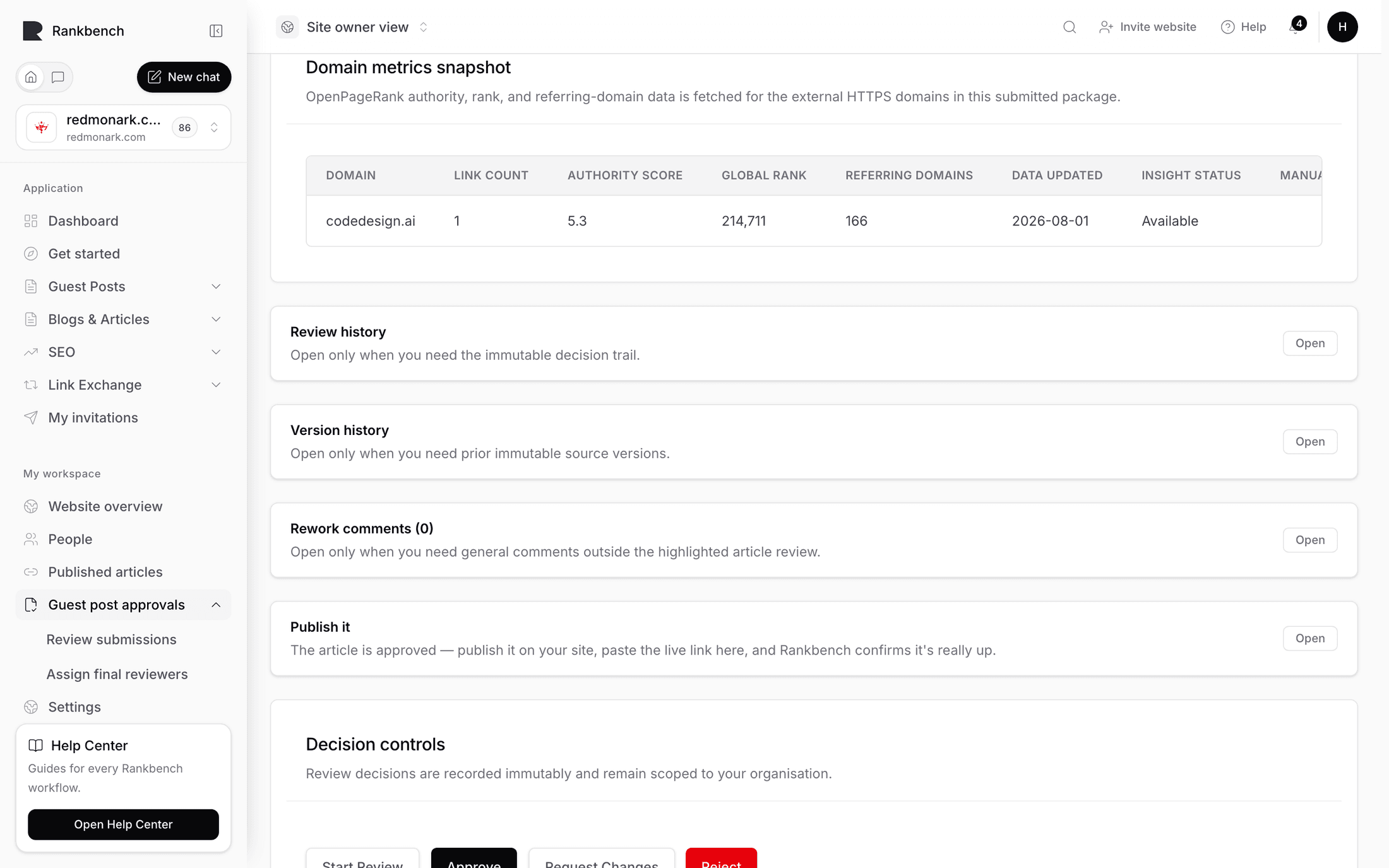 The publish section with the live URL field