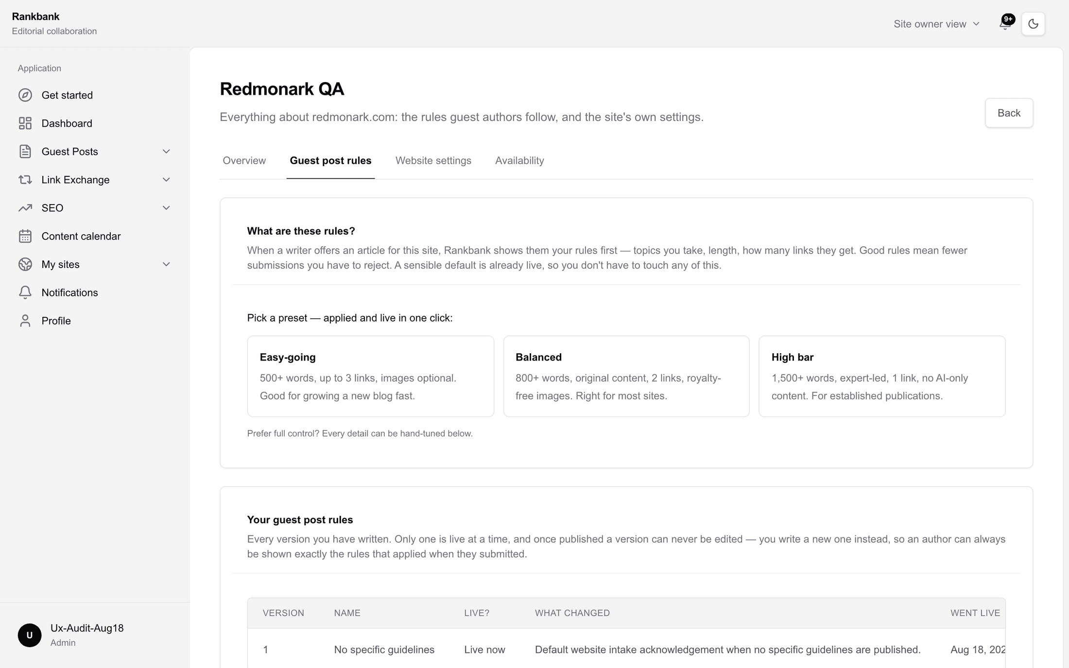 The guideline versions table listing several versions with their Live? column showing Live now, Draft and Retired states.