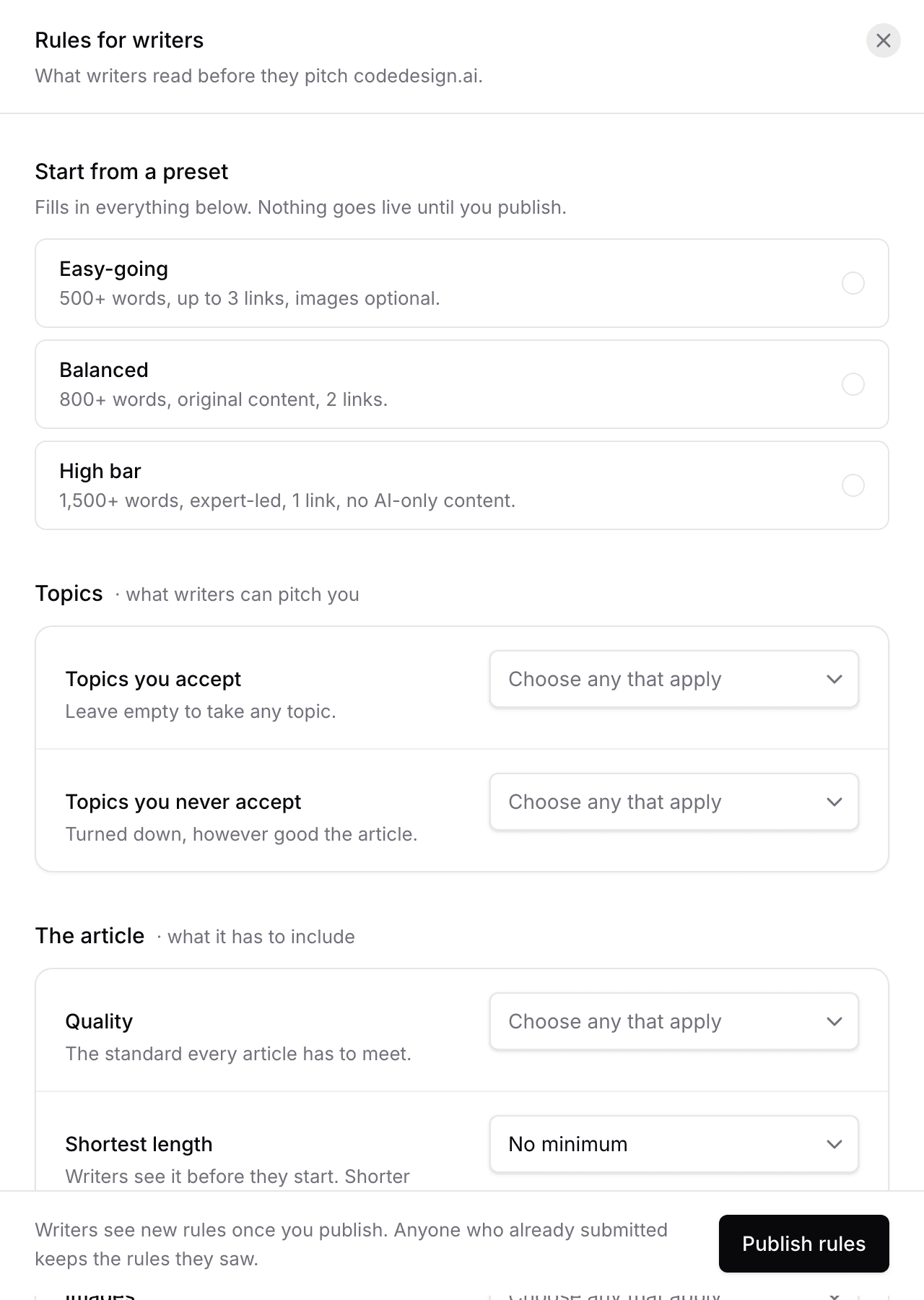 The three presets above the rules form