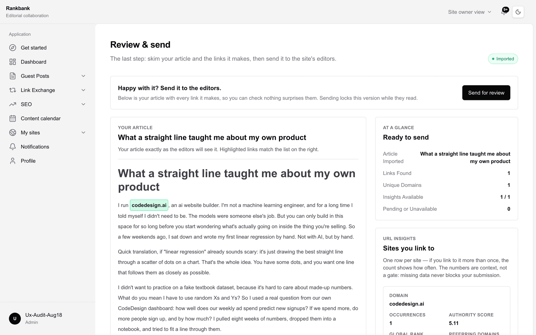 The Review and send screen with the rendered article on the left, its outbound links shown as coloured chips, and the At a glance summary and Sites you link to table on the right.