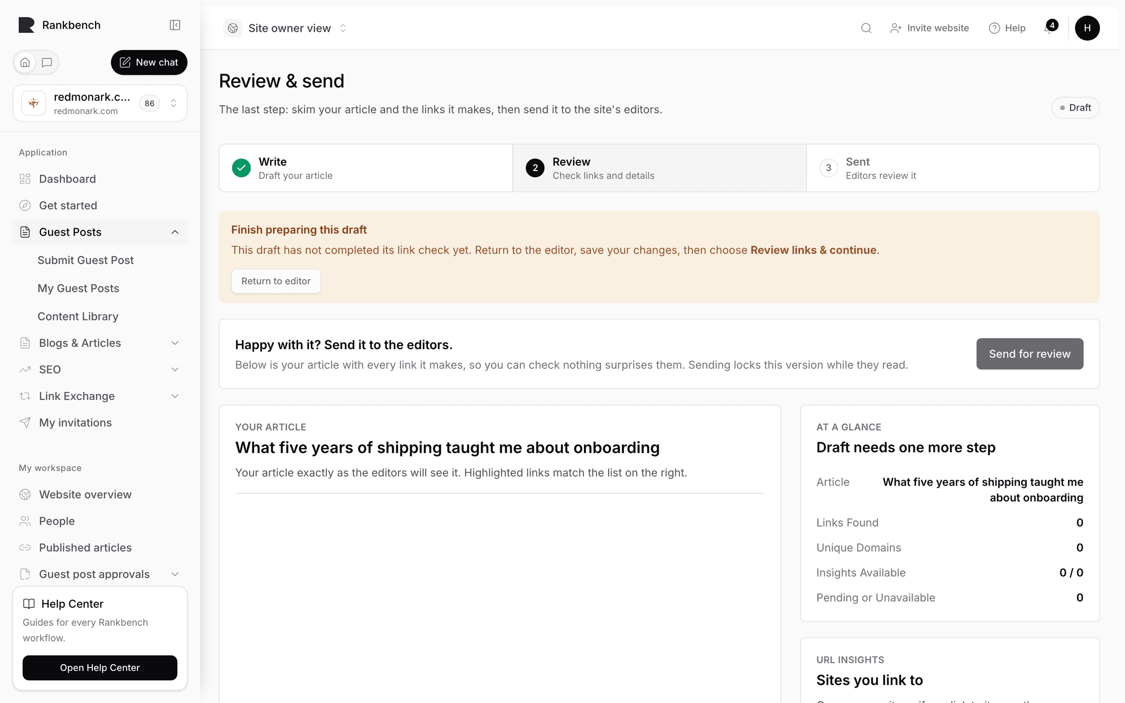 Review and send with the article on the left and its links on the right