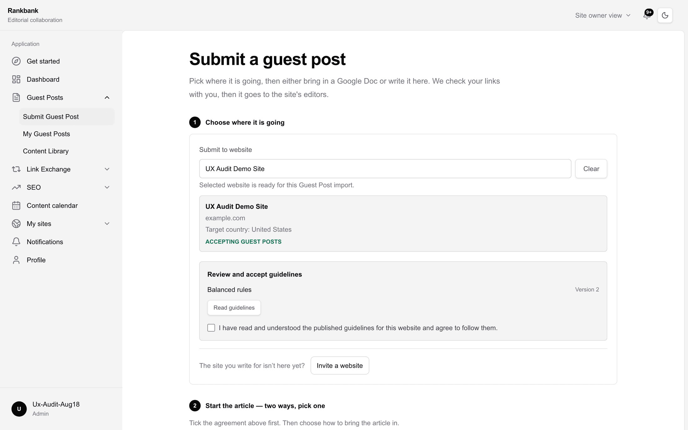 Step 1 of the submit form with a website selected. The selected-site card shows the name, domain, target country, categories and a green ACCEPTING GUEST POSTS badge, with the Review and accept guidelines panel below it.
