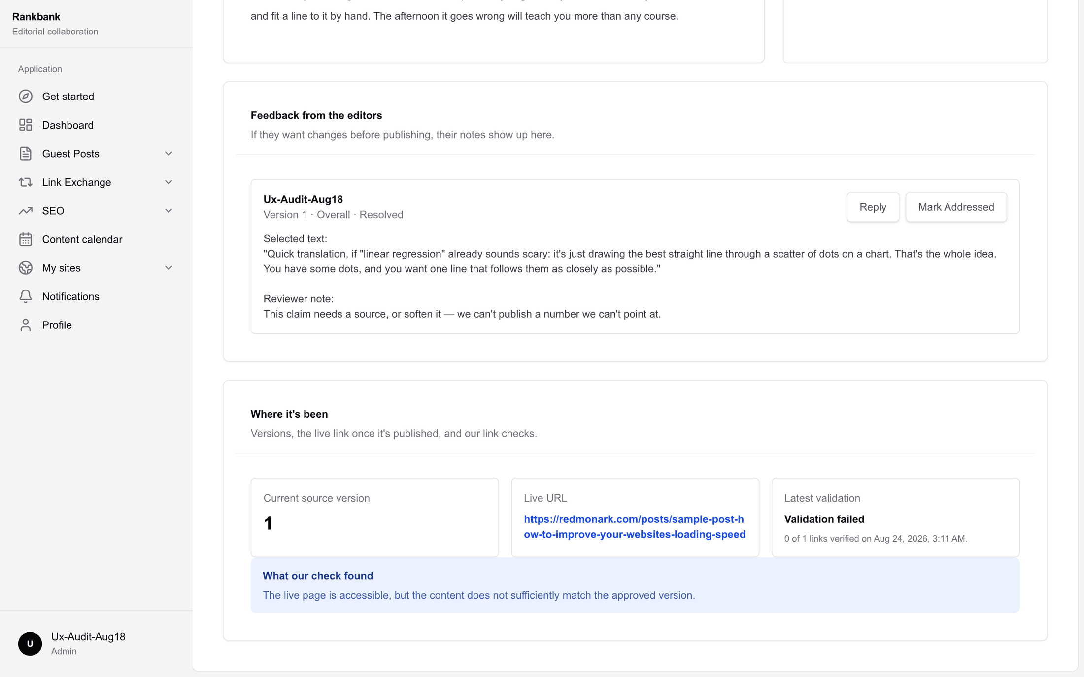 The Where it's been panel on an article page after a check has run, showing the current source version, the clickable live URL, the latest validation result and the "What our check found" alert.