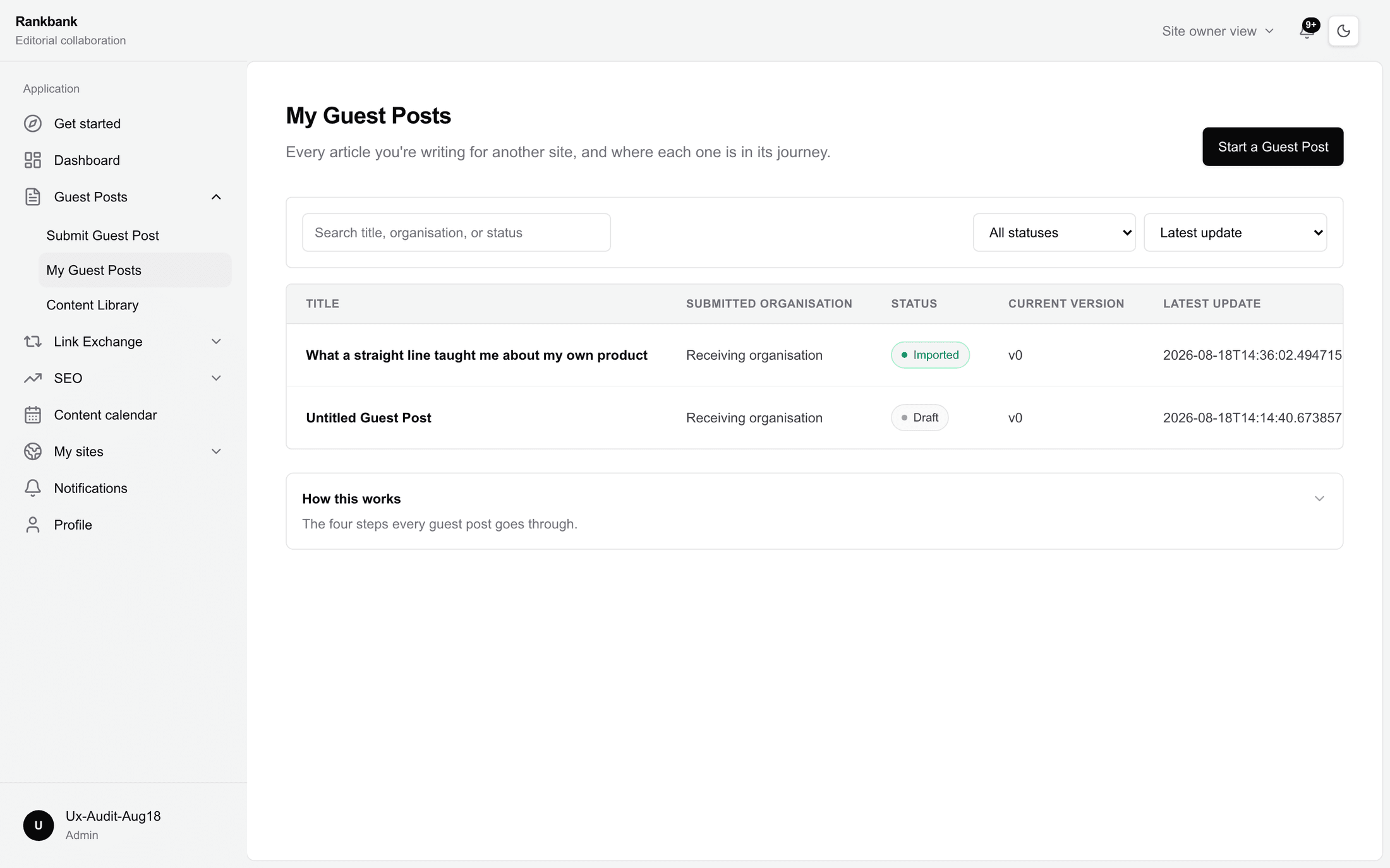 The My Guest Posts table with several articles in different statuses, the search box, status filter and sort control above it.