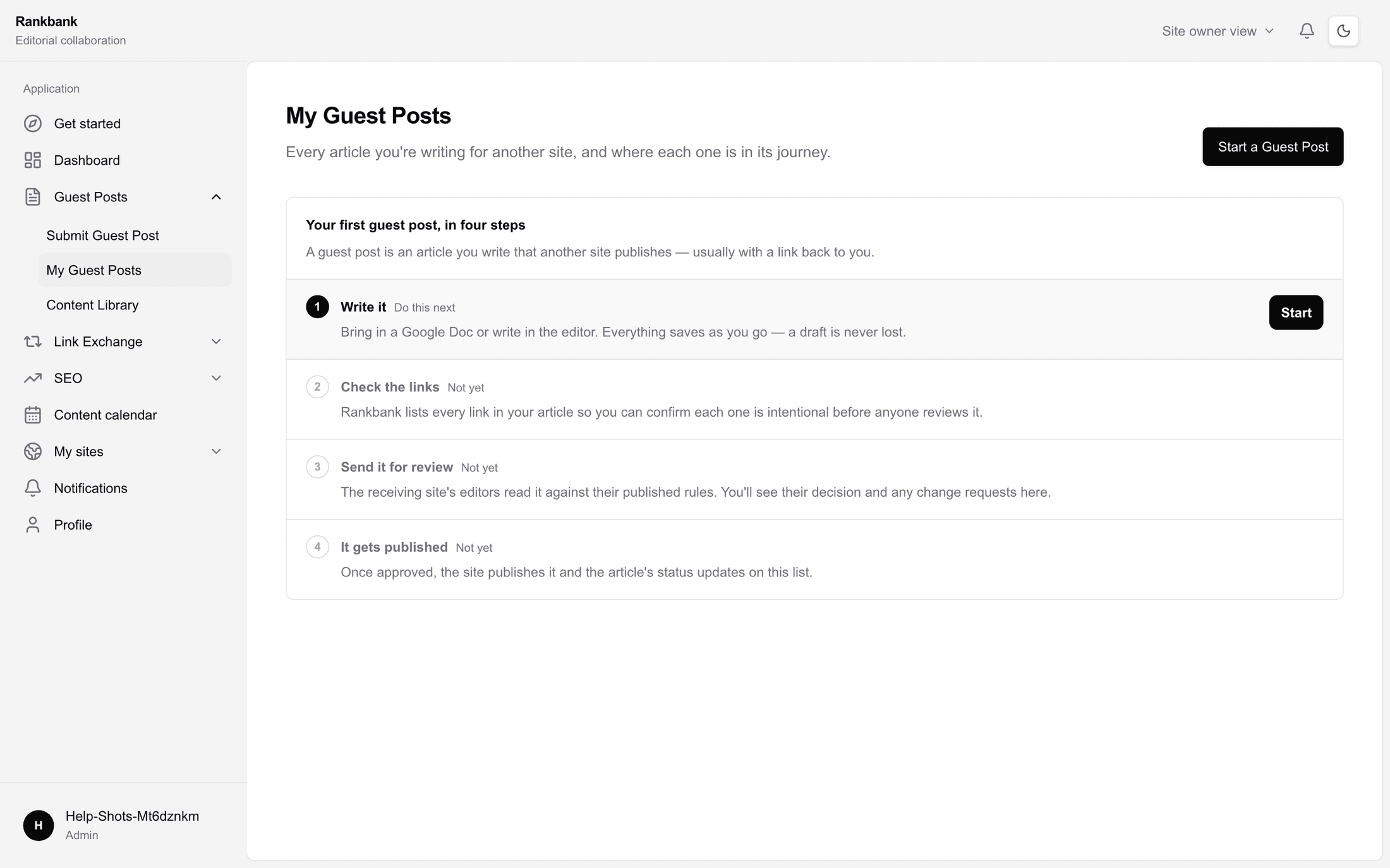The My Guest Posts page with no articles yet, showing the card "Your first guest post, in four steps" and the four numbered stages: Write it, Check the links, Send it for review, It gets published.