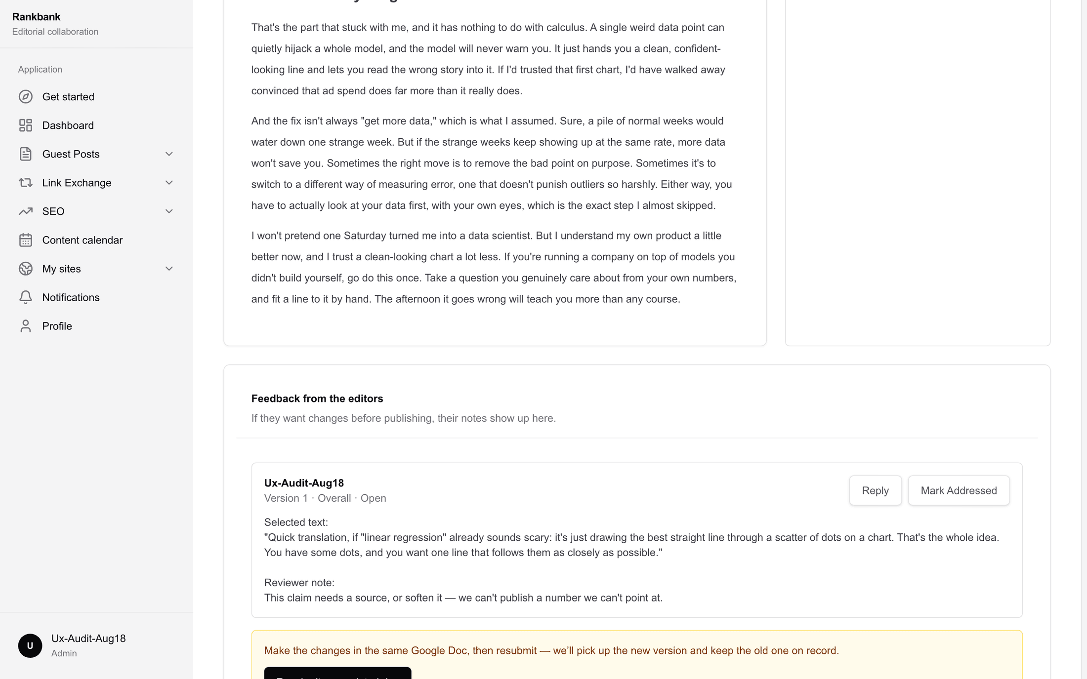 A change request comment on the article page showing the reviewer's name, the version and type line, the quoted selection and comment body, with Reply and Mark Addressed buttons.