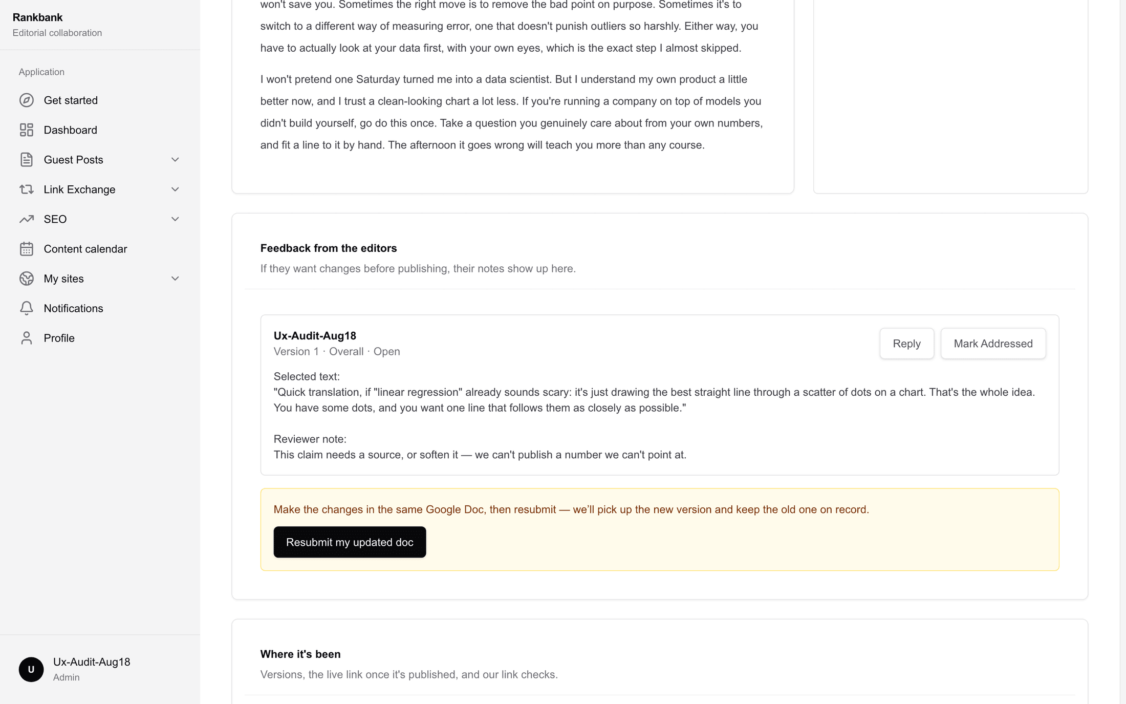 The amber resubmit card on the article page reading "Make the changes in the same Google Doc, then resubmit" with the Resubmit my updated doc button.