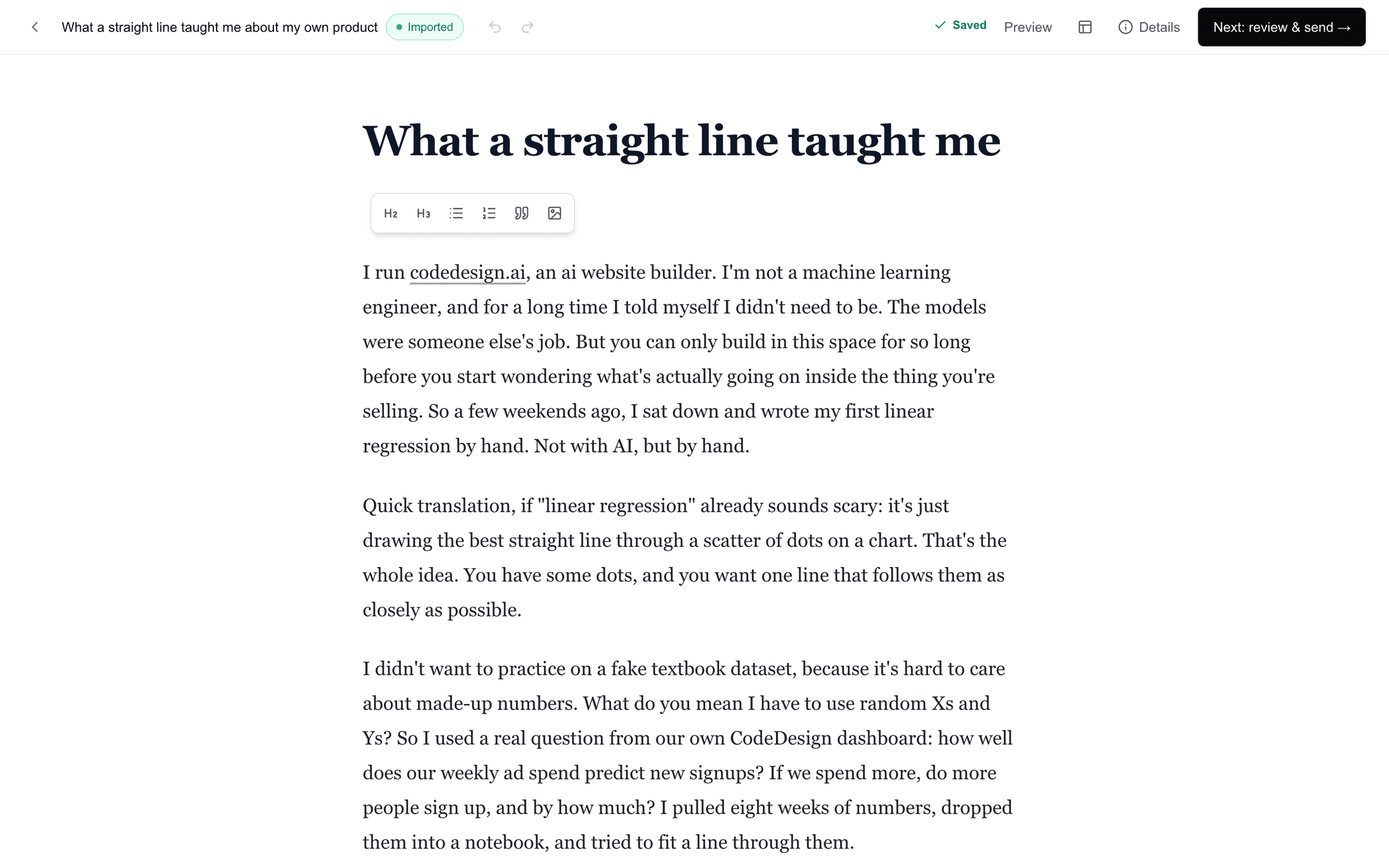 The editor with a phrase selected and the bubble menu floating above it, showing Bold, Italic, Add link, Heading, Subheading and Quote.