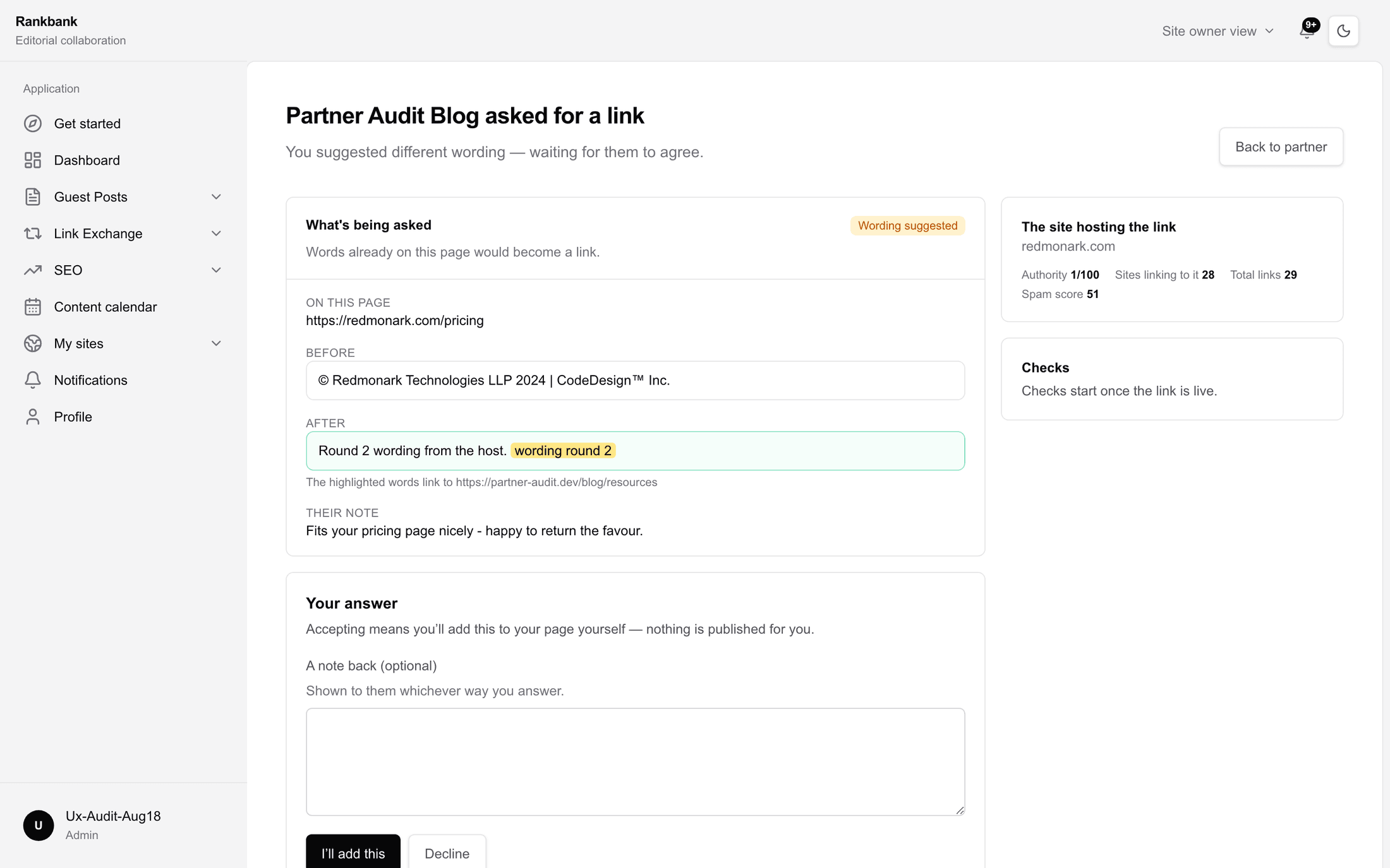 The link request as the host sees it, with the before and after sentences and the answer panel
