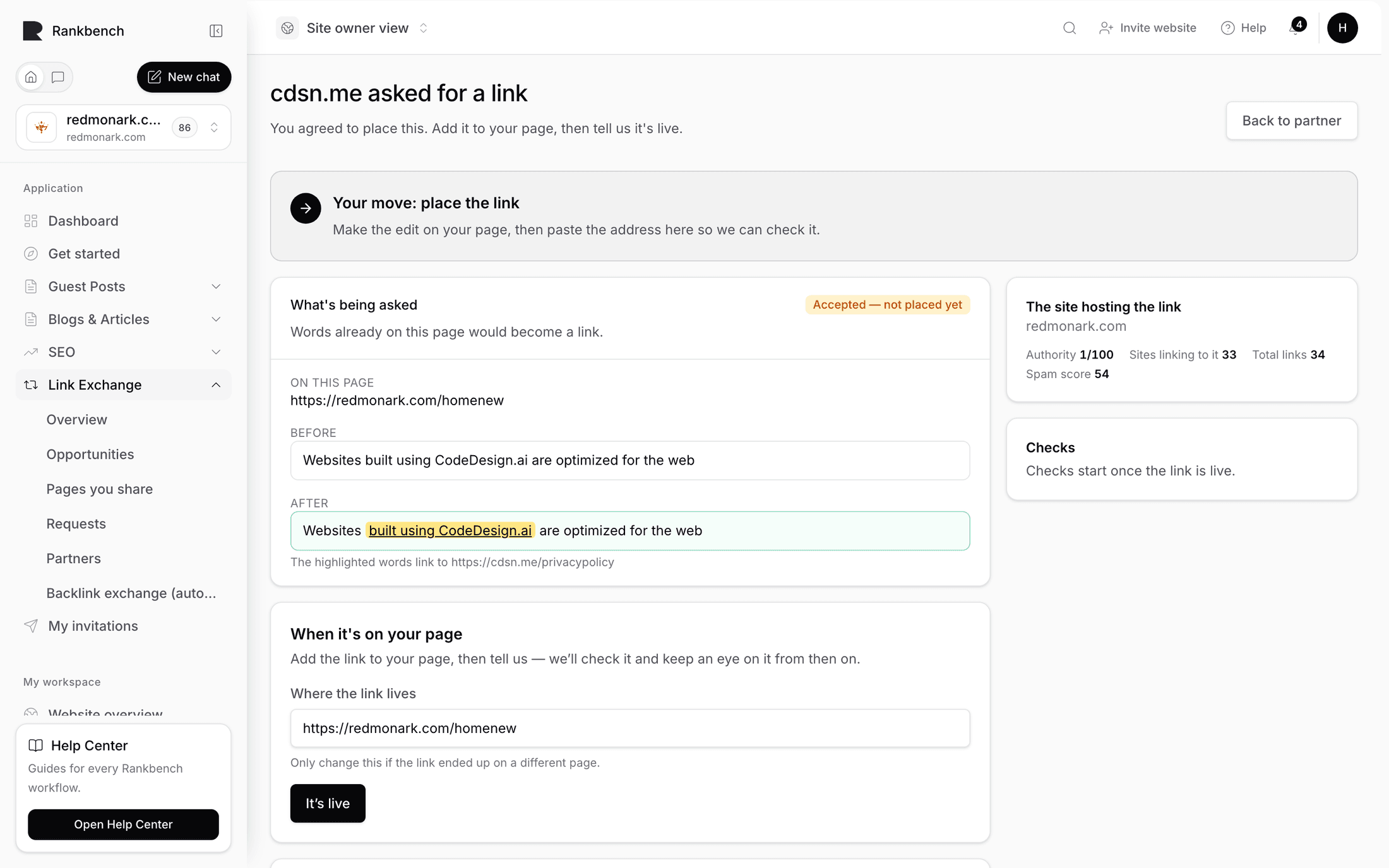 A link request showing exactly what would change on the page
