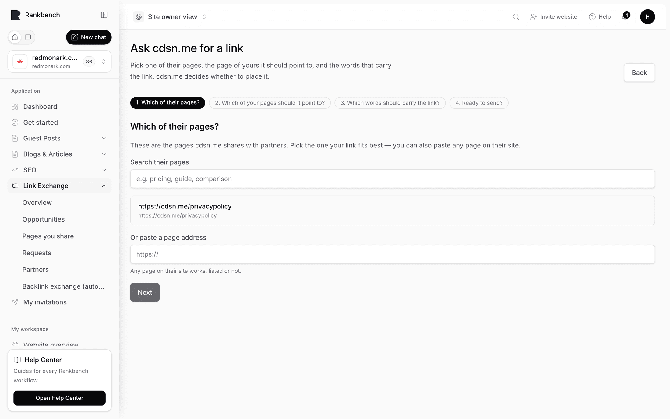 The word-selection step with the partner's page text