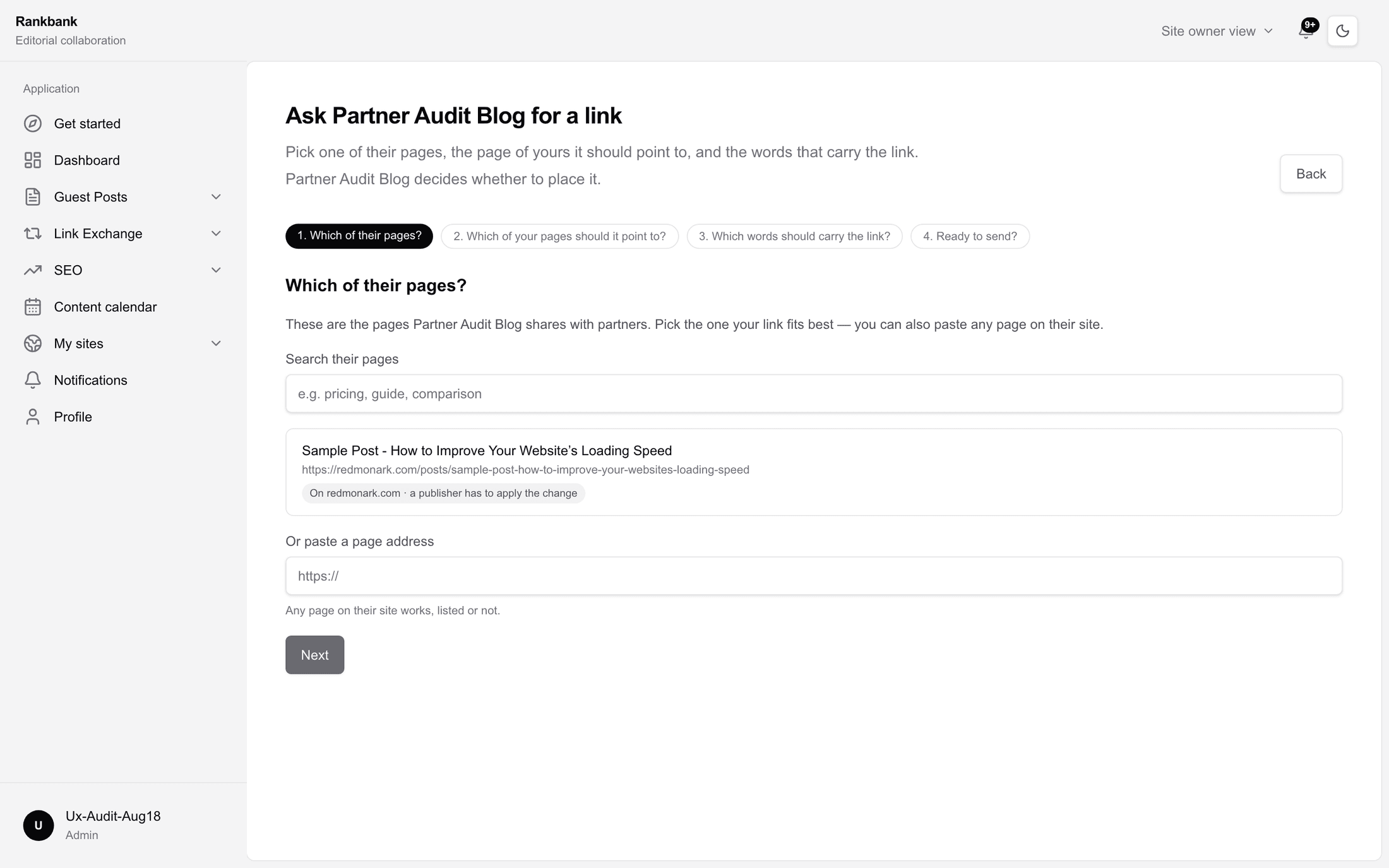 Step one of the builder listing the partner's shared pages with a search box