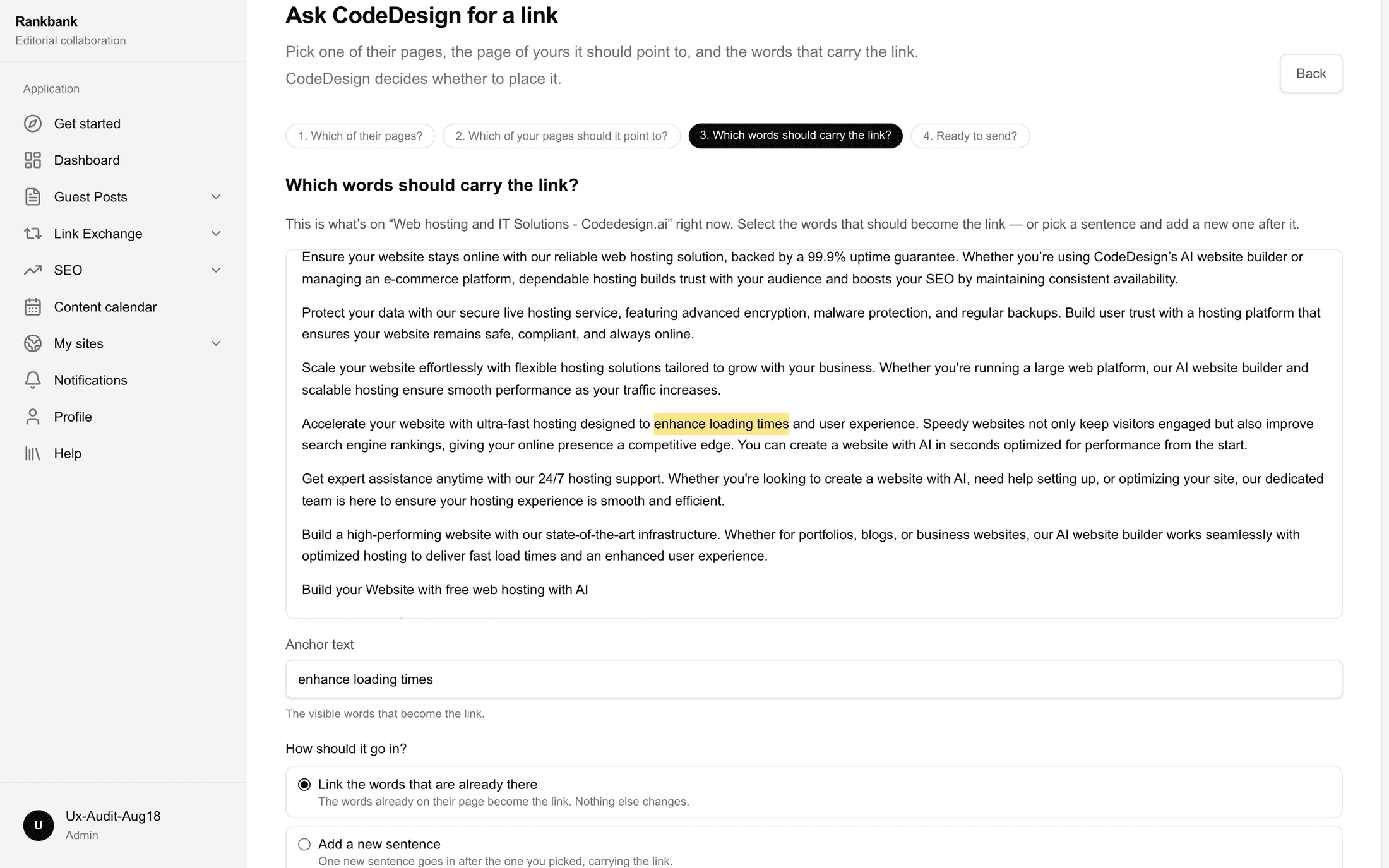 Step three with the partner's page rendered as readable paragraphs, the words "enhance loading times" highlighted in one of them, and Anchor text holding the same phrase