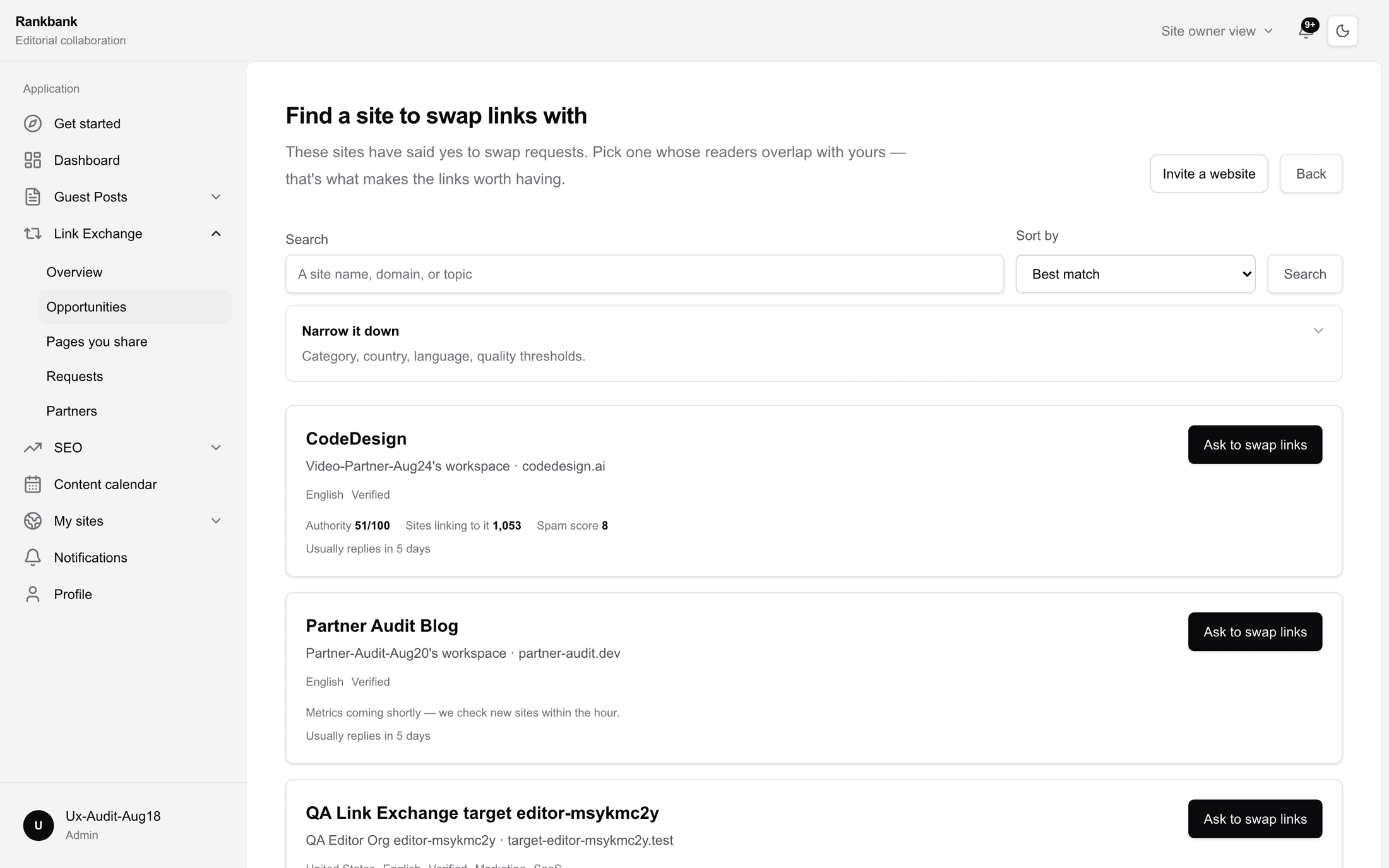 The Opportunities directory with the search box, sort control, and several site cards