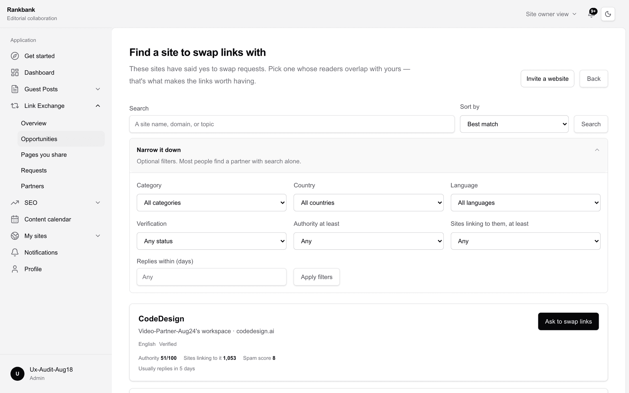 The Narrow it down disclosure open, showing category, country, language, verification, and threshold filters